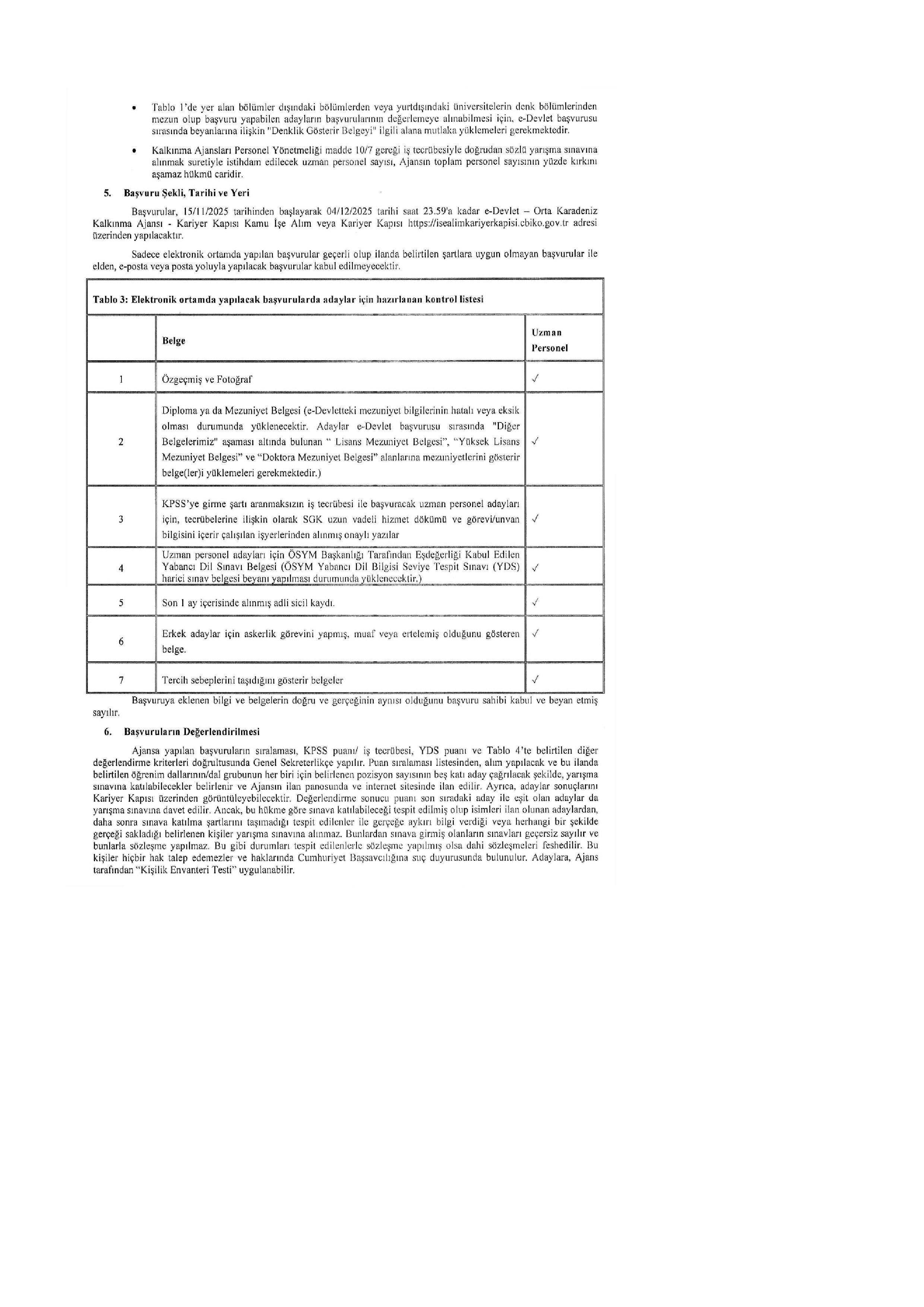 İlan İçeriği Sayfa 4 ORTA KARADENİZ KALKINMA AJANSI PERSONEL ALIM İLANI, 5 UZMAN 1 DESTEK PERSONELİ ( 15 Kasım - 4 Aralık) İlan İçeriği Sayfa 4