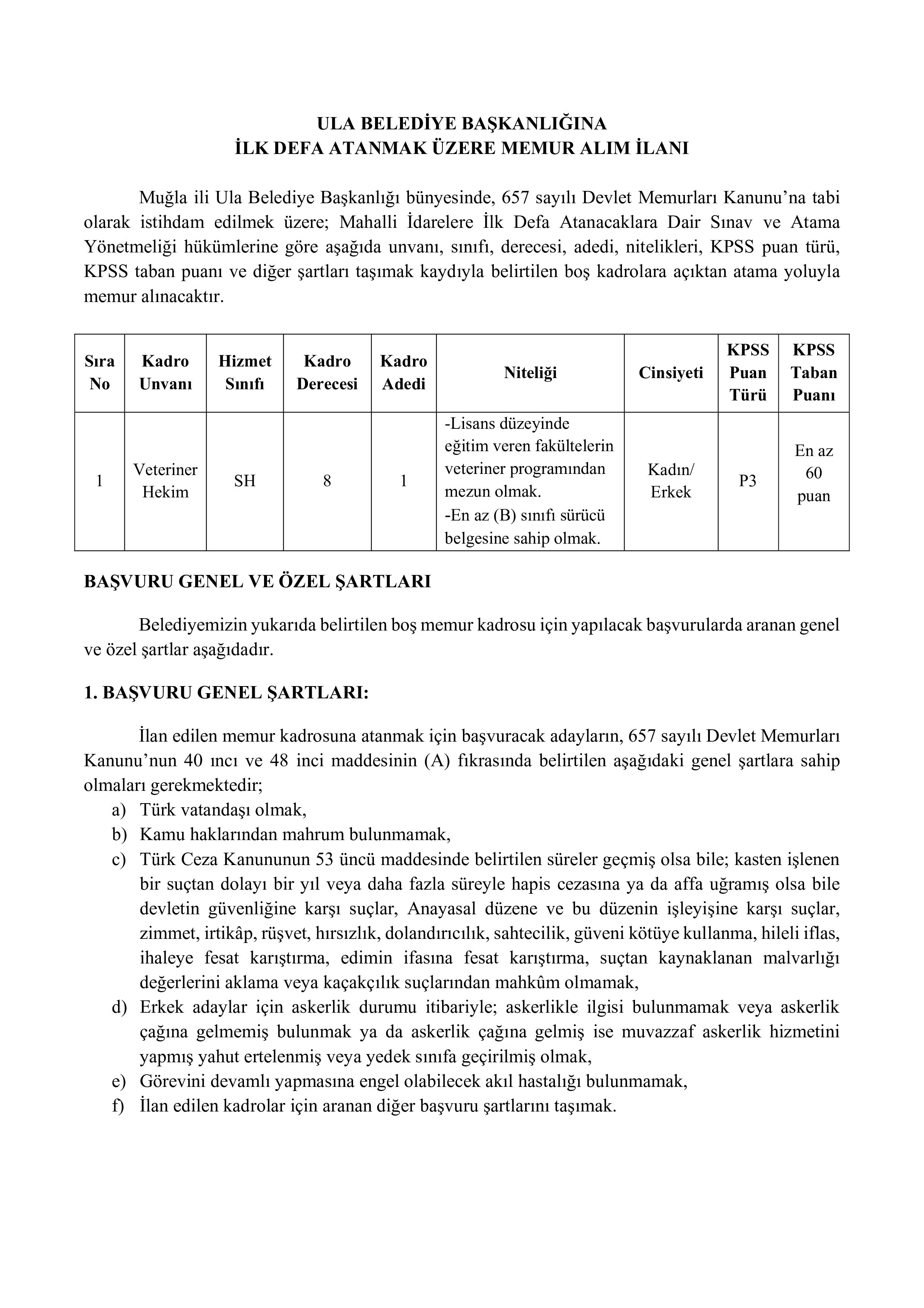 ULA BELEDİYE BAŞKANLIĞI 1 MEMUR ALACAK ( 10 Kasım - 14 Kasım) İlan İçeriği Sayfa 1