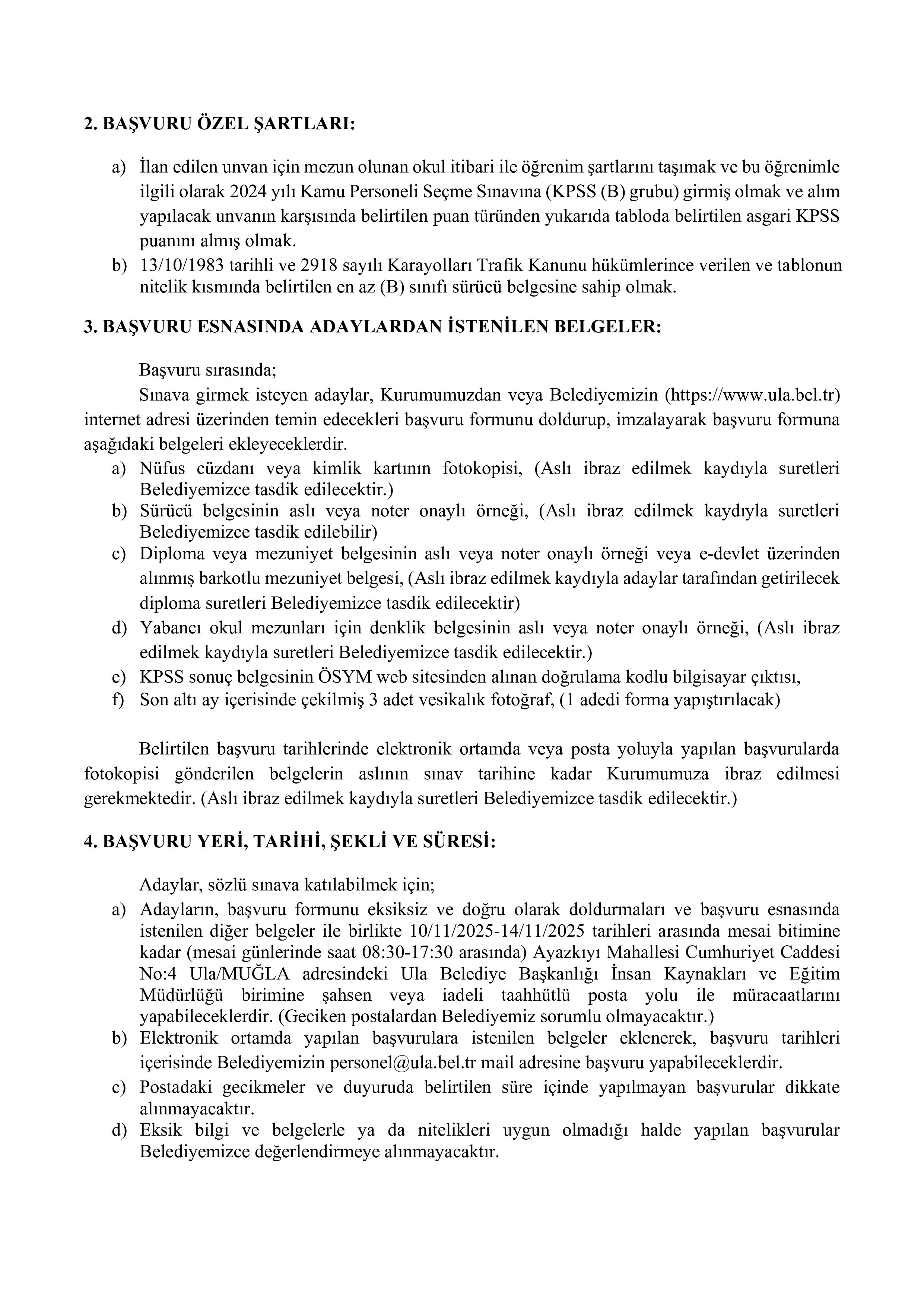 ULA BELEDİYE BAŞKANLIĞI 1 MEMUR ALACAK ( 10 Kasım - 14 Kasım) İlan İçeriği Sayfa 2