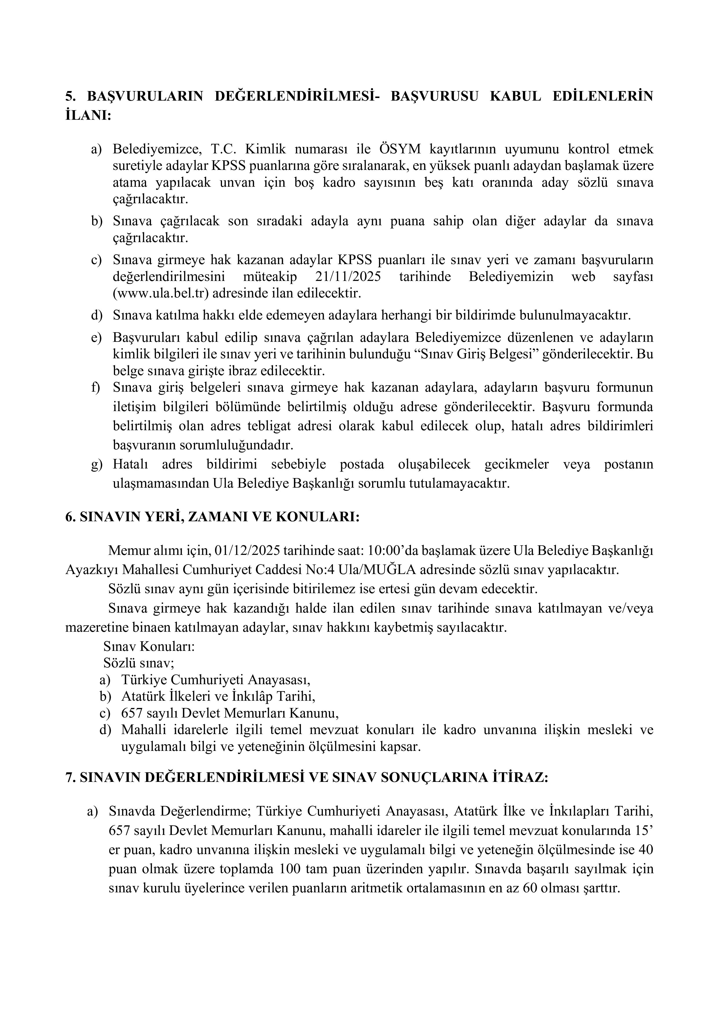 ULA BELEDİYE BAŞKANLIĞI 1 MEMUR ALACAK ( 10 Kasım - 14 Kasım) İlan İçeriği Sayfa 3