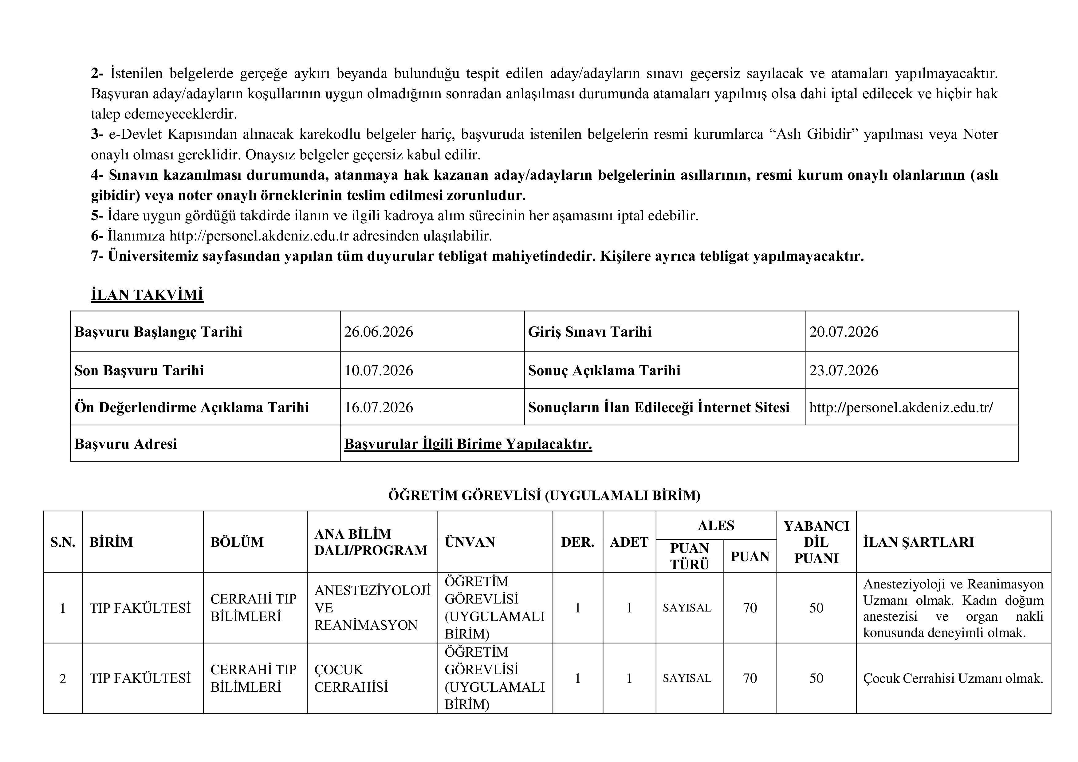 AKDENİZ ÜNİVERSİTESİ 10 ÖĞRETİM ELEMANI ALACAK ( 26 Haziran - 10 Temmuz) İlan İçeriği Sayfa 4