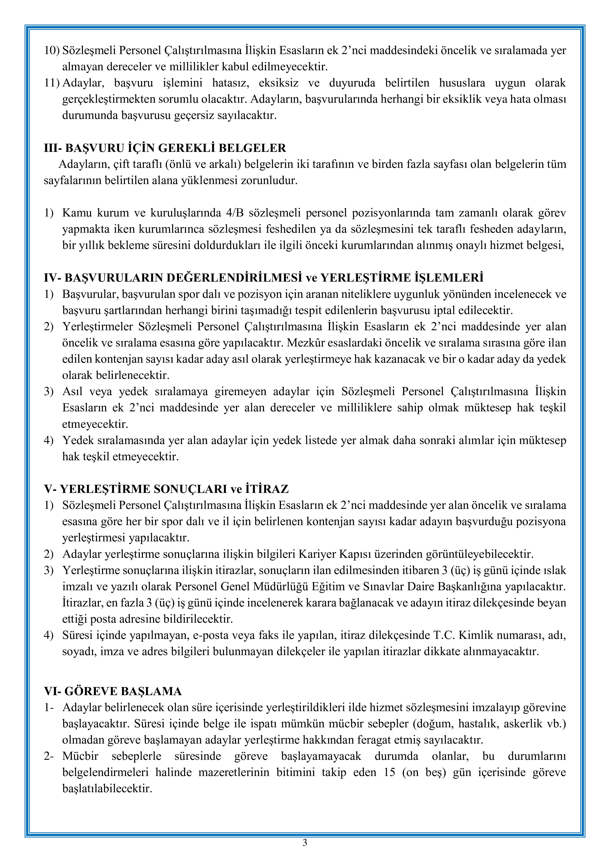 GENÇLİK VE SPOR BAKANLIĞI 178 SÖZLEŞMELİ ANTRENÖR ALACAK ( 10 Ağustos - 14 Ağustos) İlan İçeriği Sayfa 3