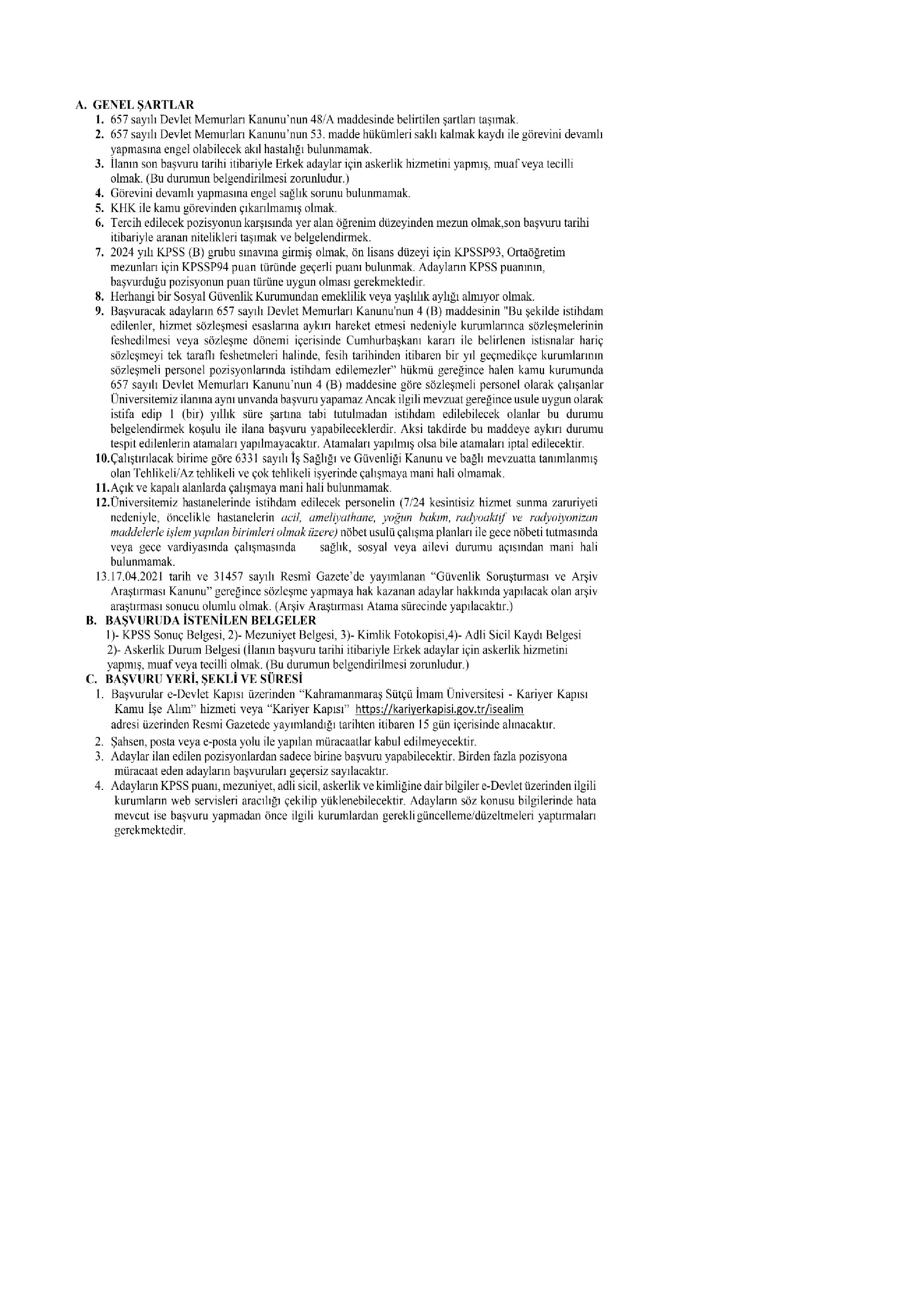 KAHRAMANMARAŞ SÜTÇÜ İMAM ÜNİVERSİTESİ 5 SÖZLEŞMELİ PERSONEL ALACAK ( 26 Haziran - 10 Temmuz) İlan İçeriği Sayfa 2