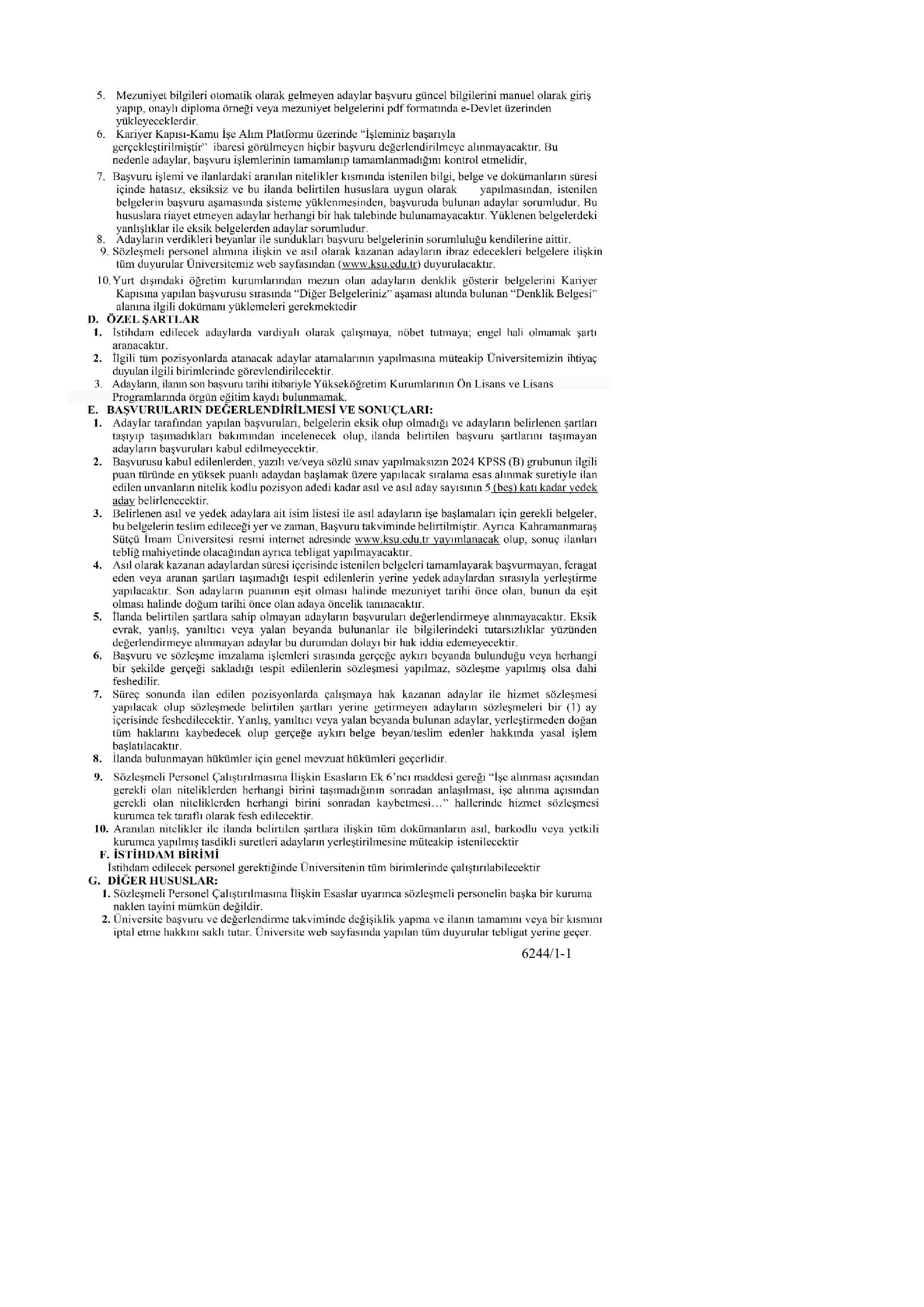 KAHRAMANMARAŞ SÜTÇÜ İMAM ÜNİVERSİTESİ 5 SÖZLEŞMELİ PERSONEL ALACAK ( 26 Haziran - 10 Temmuz) İlan İçeriği Sayfa 3