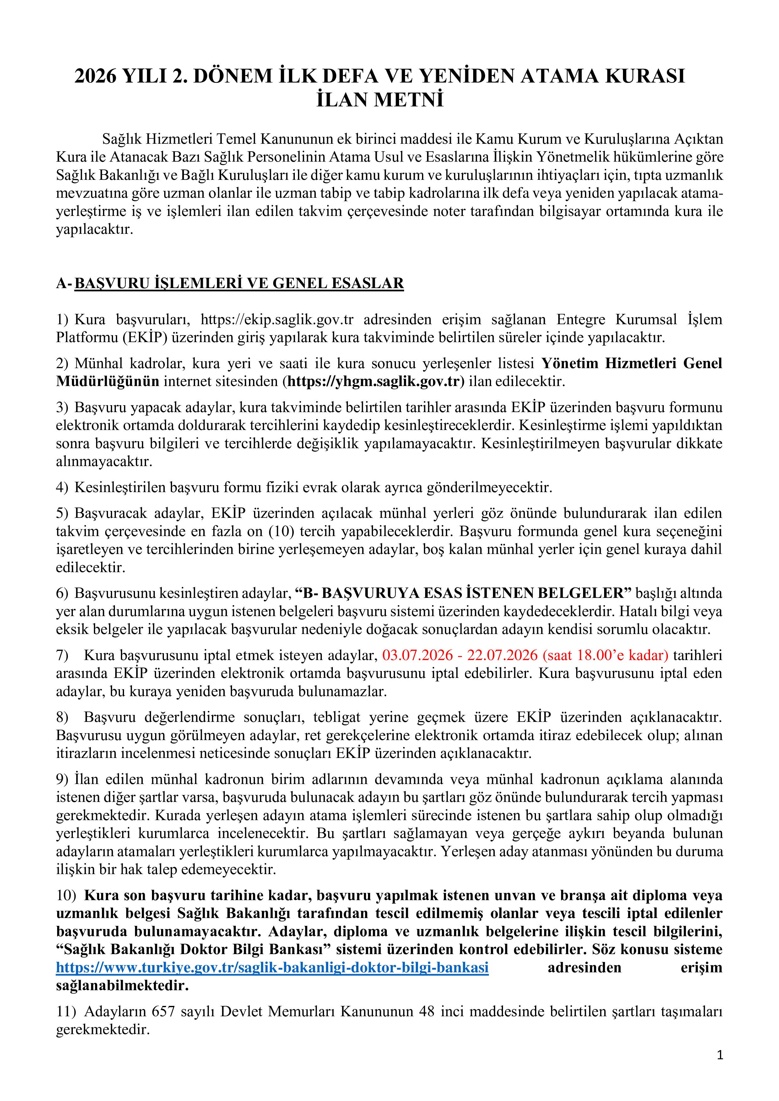 SAĞLIK BAKANLIĞI 2026 YILI 2. DÖNEM İLK DEFA VE YENİDEN ATAMA KURASI ( 26 Haziran - 2 Temmuz) İlan İçeriği Sayfa 1