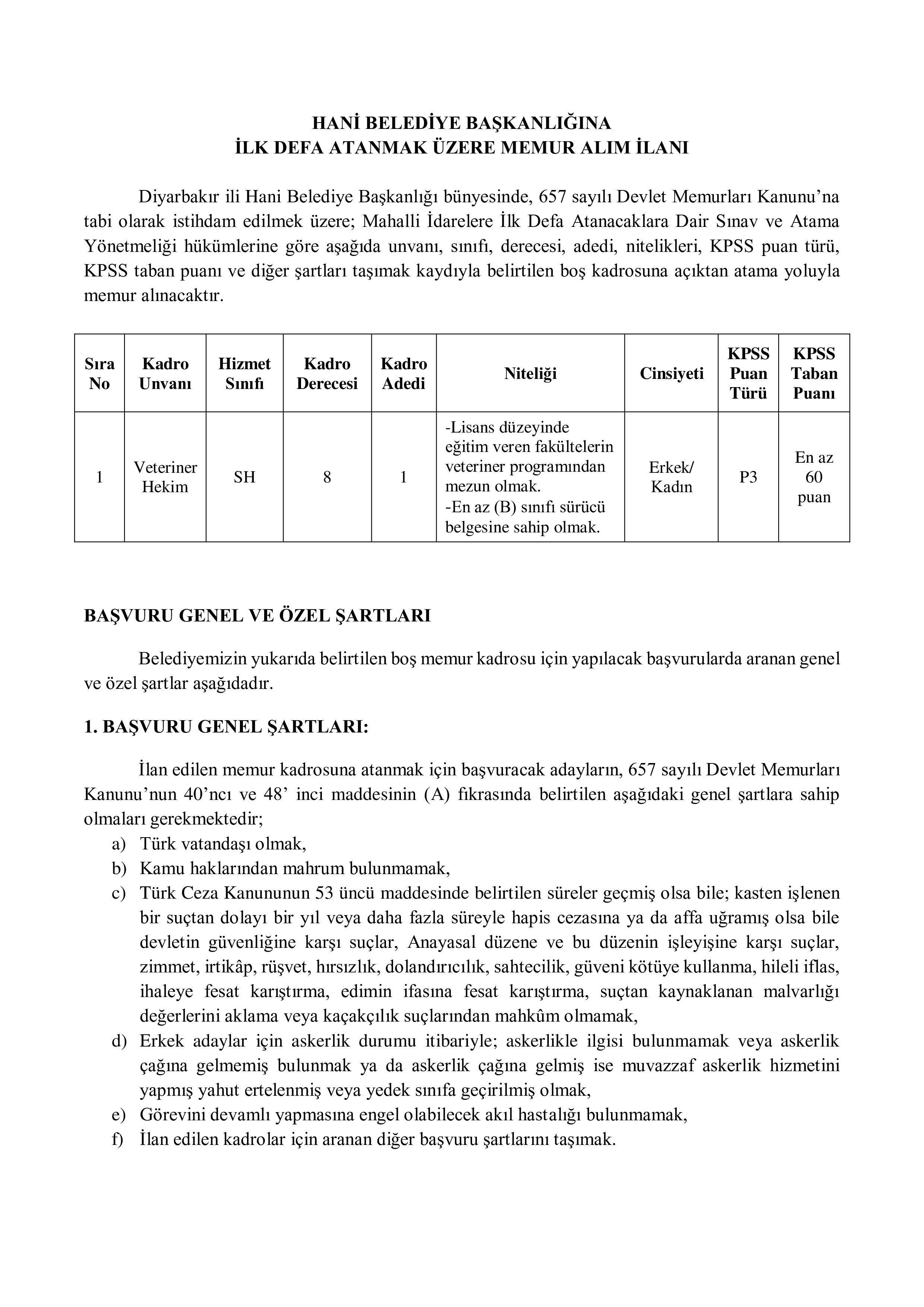 HANİ BELEDİYE BAŞKANLIĞI 1 MEMUR ALACAK ( 5 Mayıs - 8 Mayıs) İlan İçeriği Sayfa 1