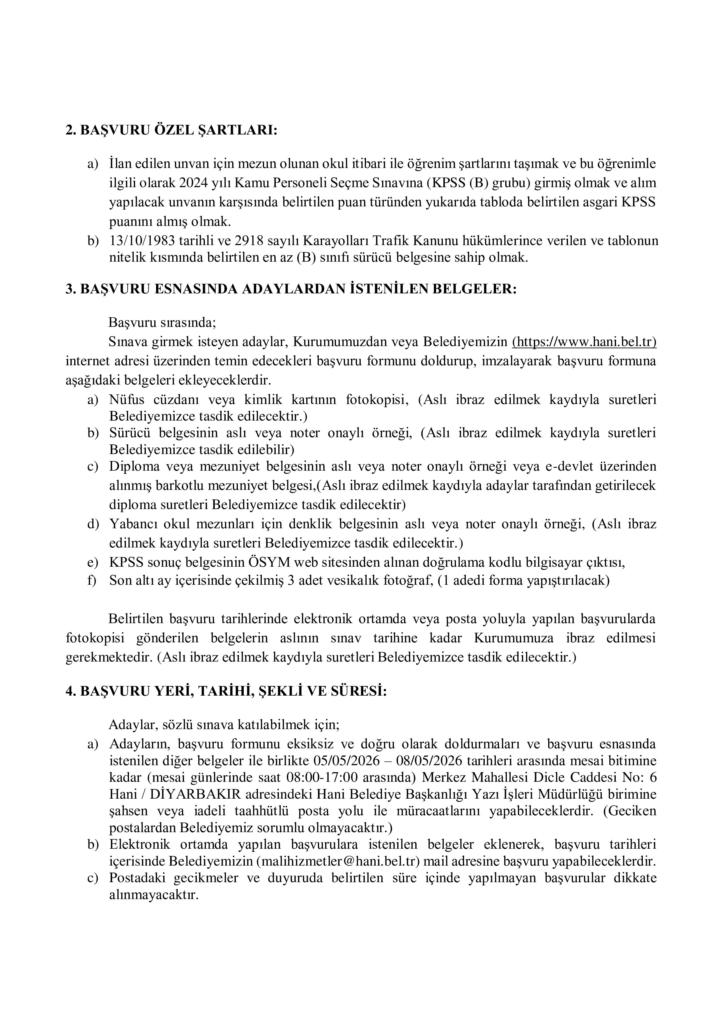 HANİ BELEDİYE BAŞKANLIĞI 1 MEMUR ALACAK ( 5 Mayıs - 8 Mayıs) İlan İçeriği Sayfa 2