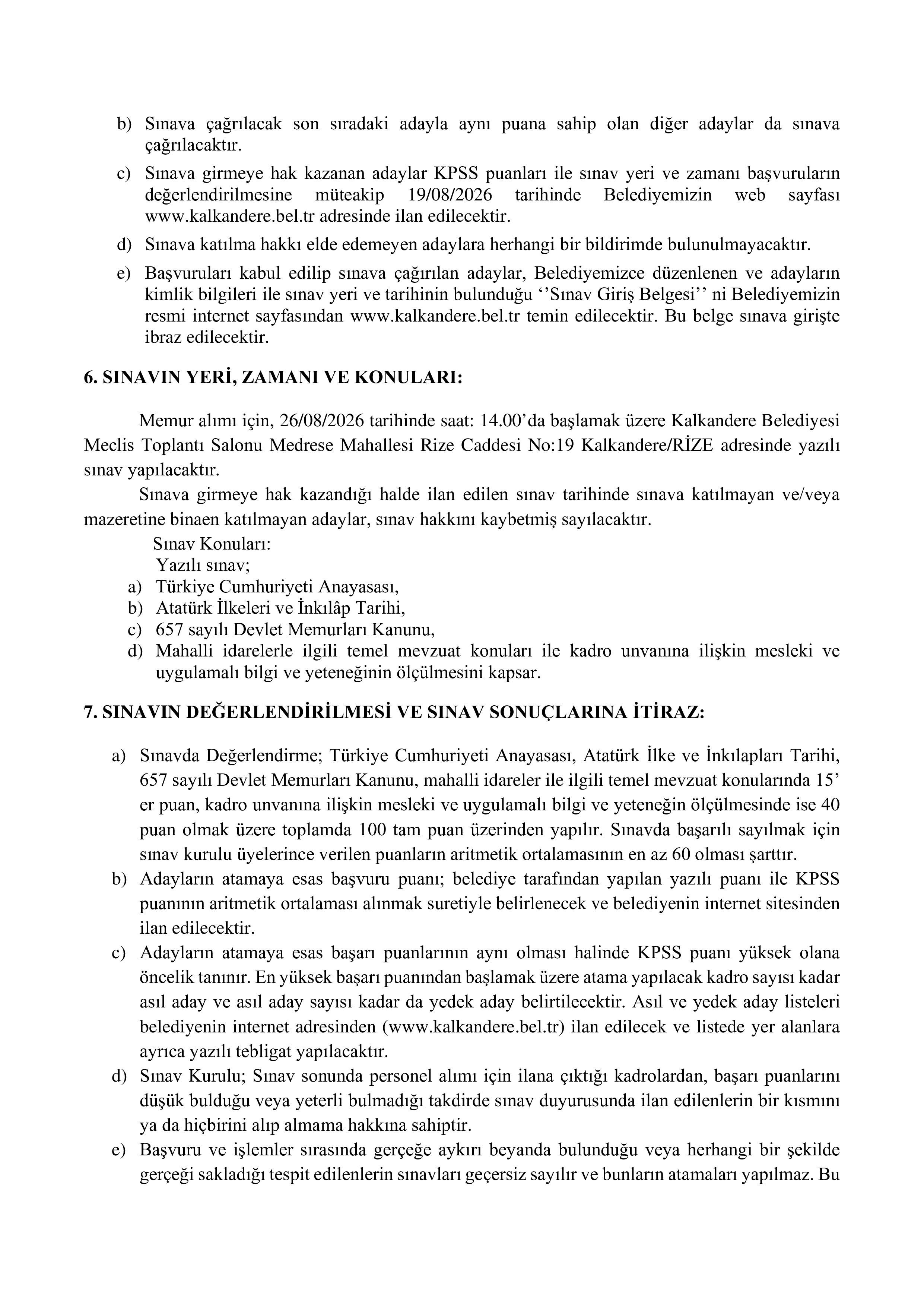 KALKANDERE BELEDİYE BAŞKANLIĞI 1 MEMUR ALACAK ( 10 Ağustos - 14 Ağustos) İlan İçeriği Sayfa 3