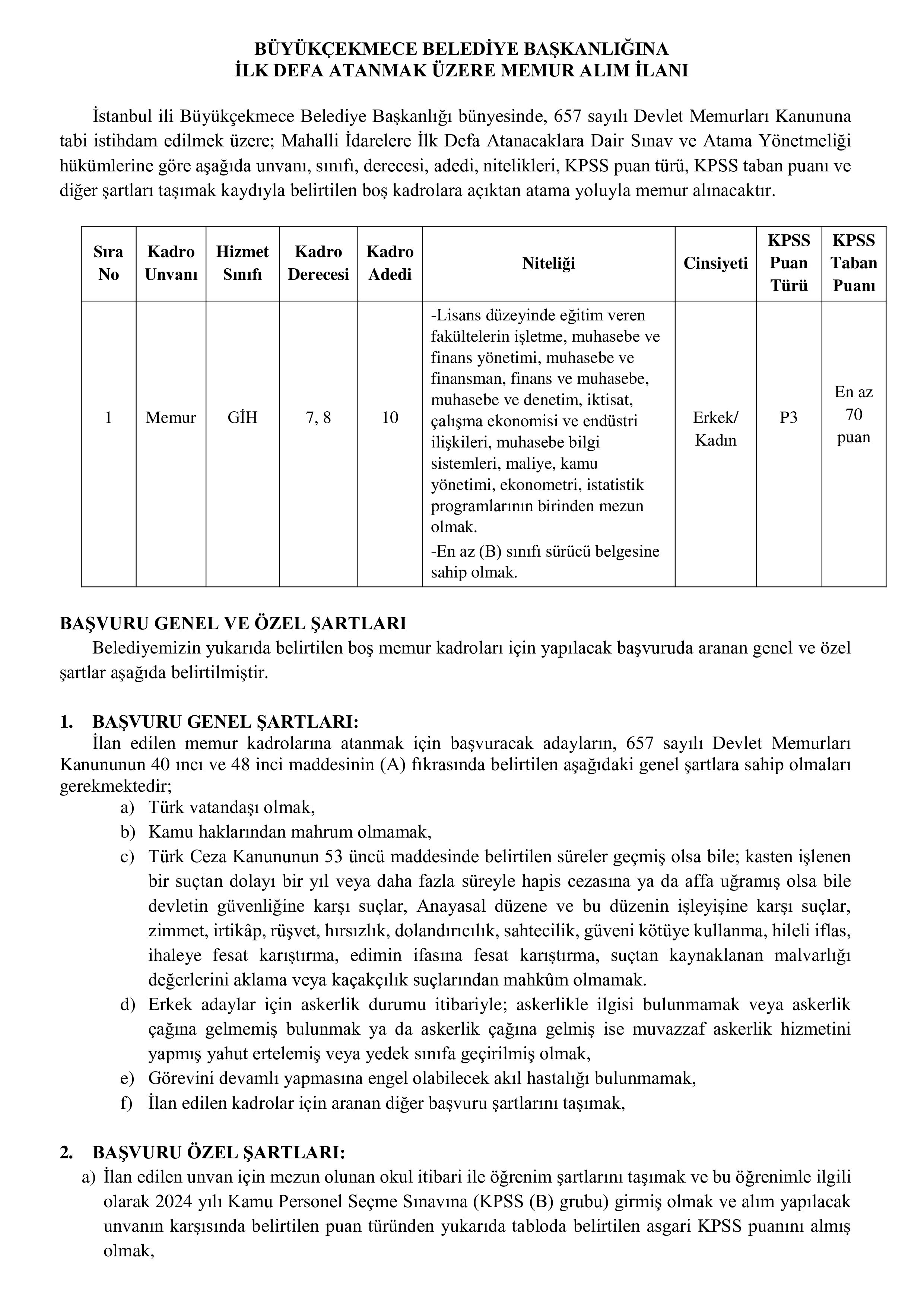 BÜYÜKÇEKMECE BELEDİYE BAŞKANLIĞI 10 MEMUR ALACAK ( 26 Şubat - 6 Mart) İlan İçeriği Sayfa 1