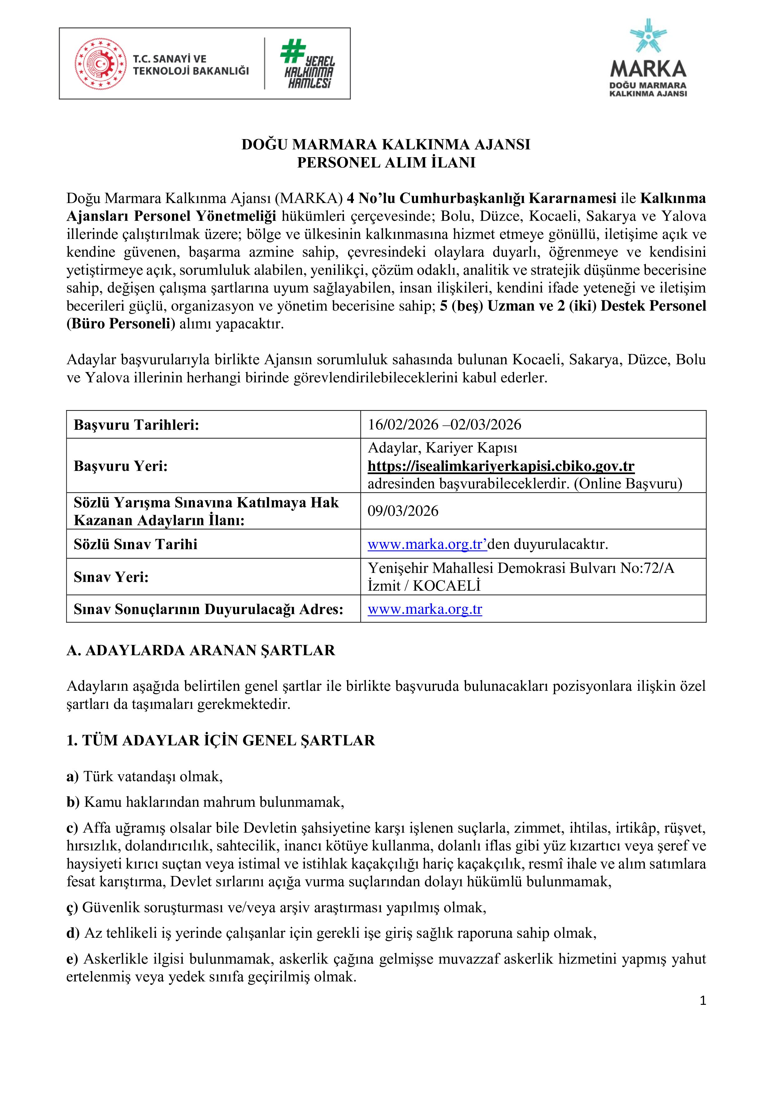 İlan İçeriği Sayfa 1 DOĞU MARMARA KALKINMA AJANSI 7 SüREKLİ İŞÇİ ALACAK ( 16 Şubat - 2 Mart) İlan İçeriği Sayfa 1