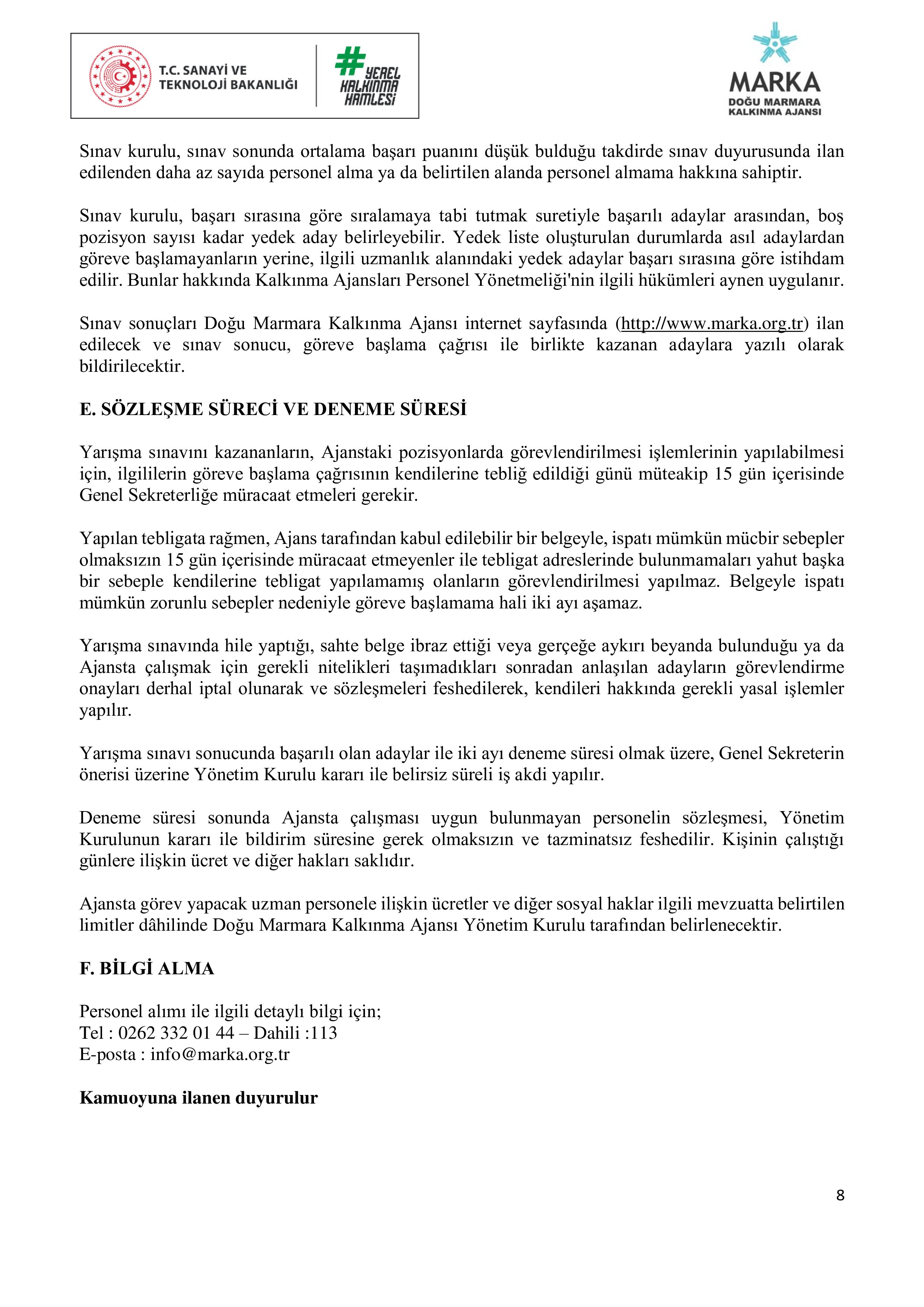 İlan İçeriği Sayfa 8 DOĞU MARMARA KALKINMA AJANSI 7 SüREKLİ İŞÇİ ALACAK ( 16 Şubat - 2 Mart) İlan İçeriği Sayfa 8