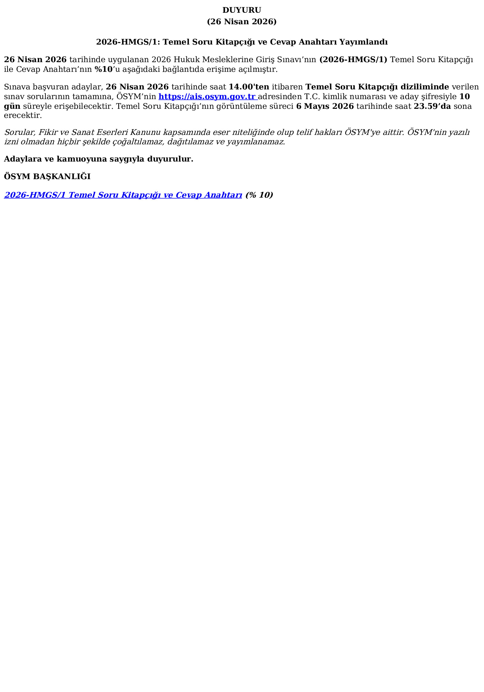 2026-HMGS/1: Temel Soru Kitapçığı ve Cevap Anahtarı Yayımlandı (26.04.2026) Ösym Tarafından Yapılan Açıklama