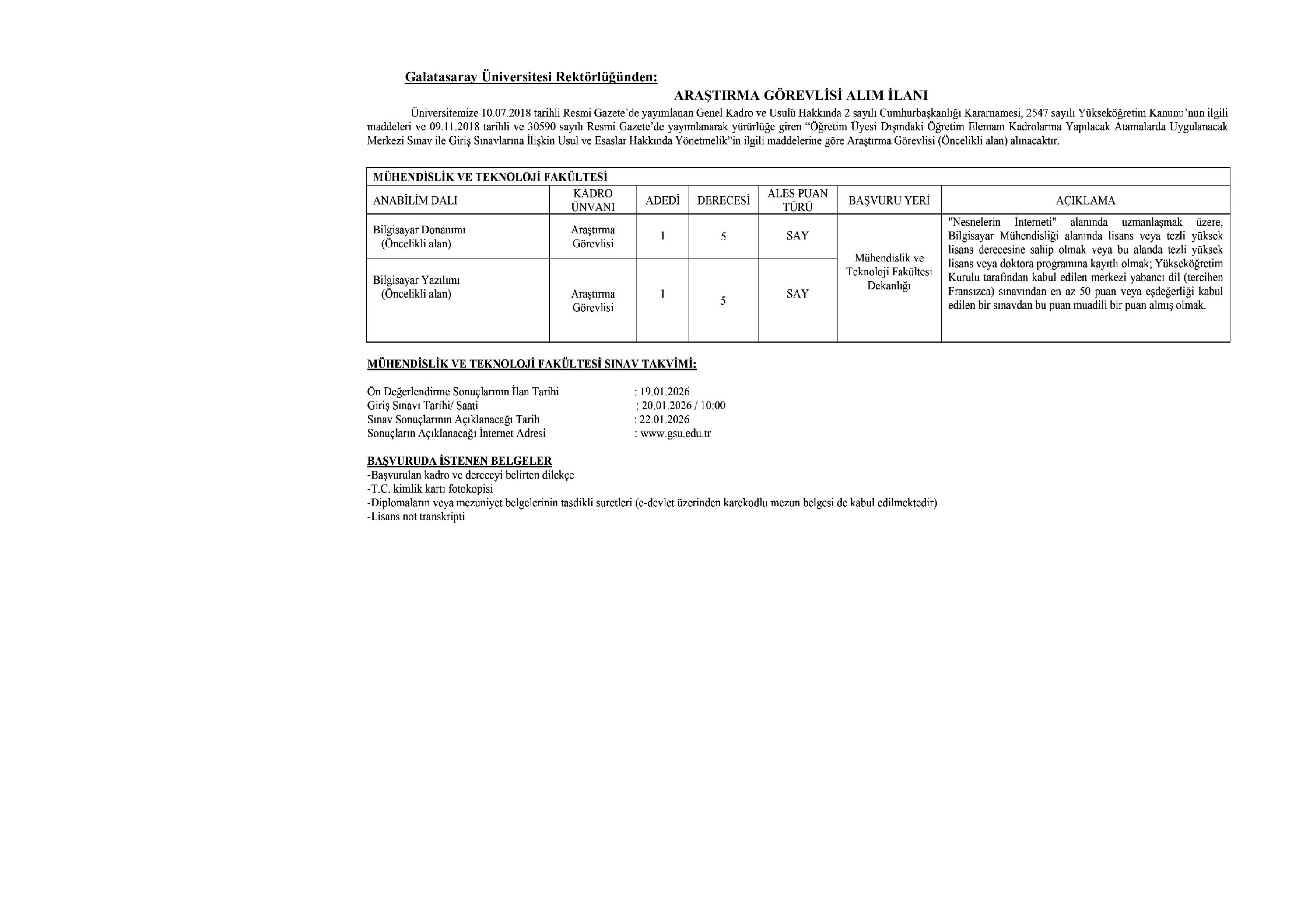 GALATASARAY ÜNİVERSİTESİ 2  ARAŞTIRMA GÖREVLİSİ ALACAK ( 29 Aralık - 12 Ocak) İlan İçeriği Sayfa 1