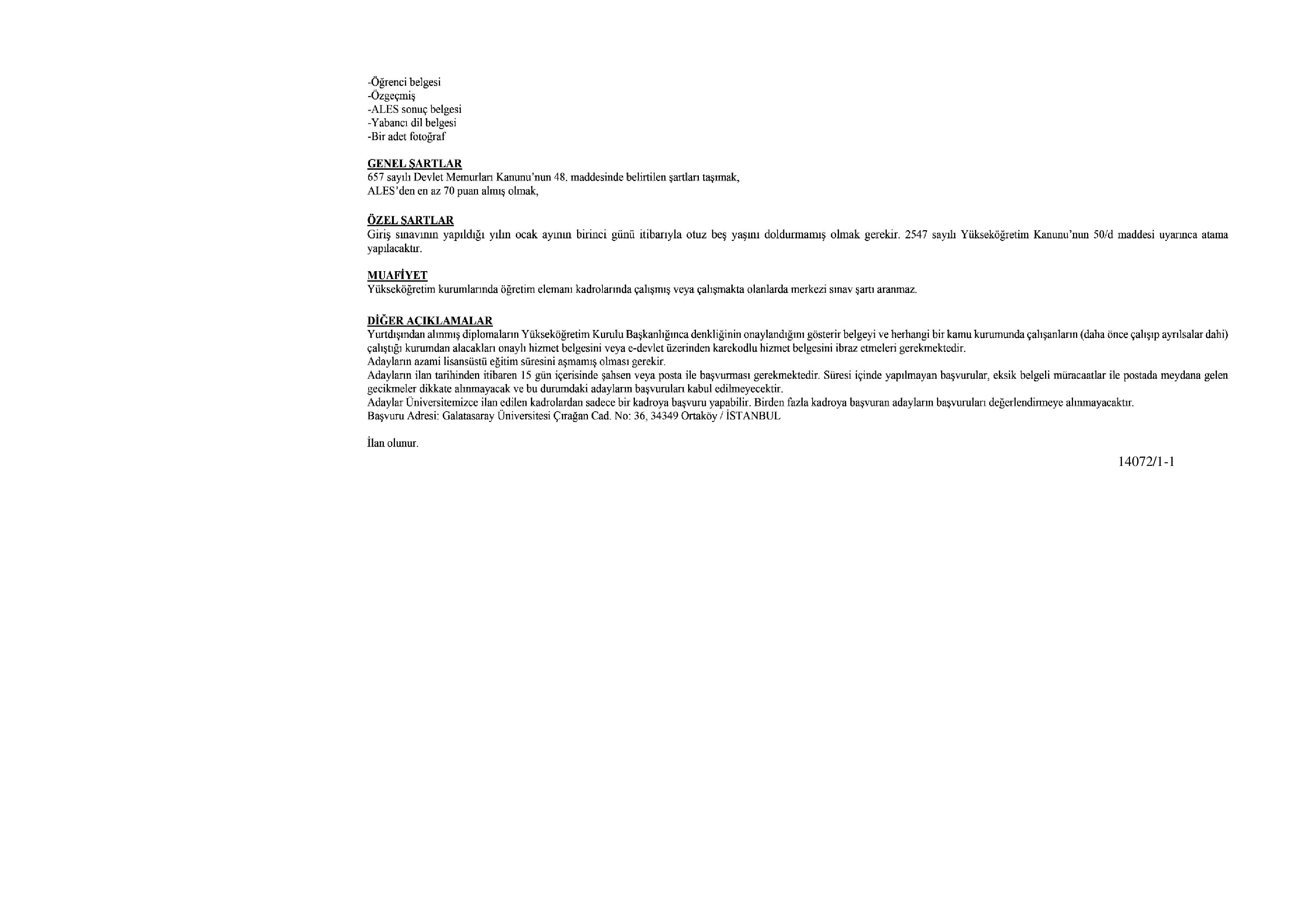 GALATASARAY ÜNİVERSİTESİ 2  ARAŞTIRMA GÖREVLİSİ ALACAK ( 29 Aralık - 12 Ocak) İlan İçeriği Sayfa 2