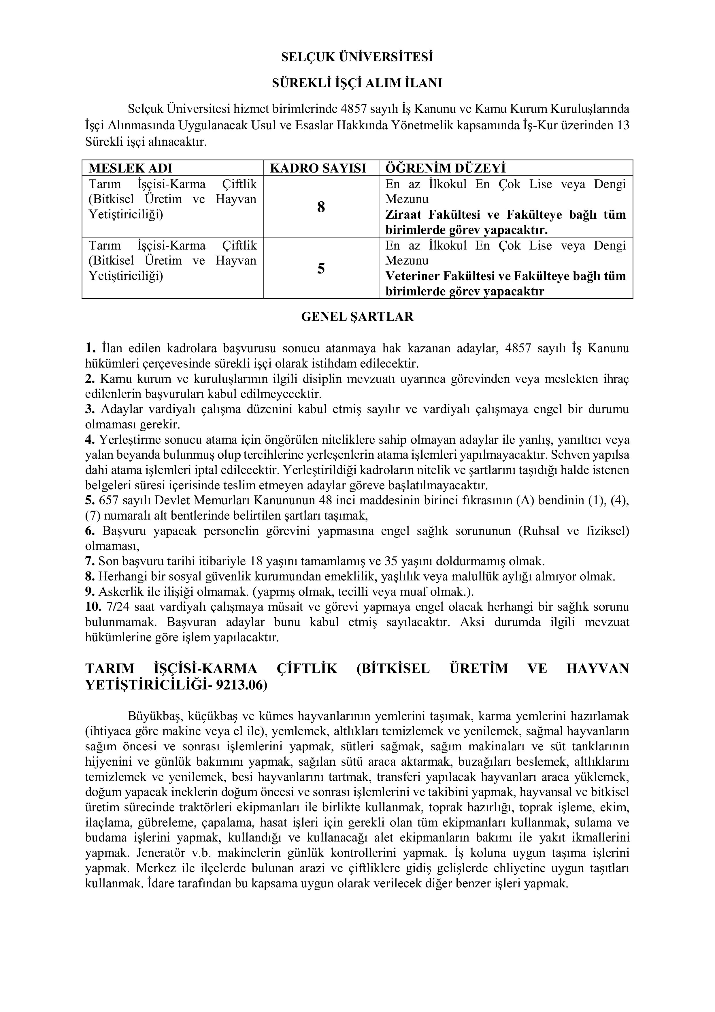 SELÇUK ÜNİVERSİTESİ 13 SüREKLİ İŞÇİ ALACAK ( 27 Ekim - 31 Ekim) İlan İçeriği Sayfa 1