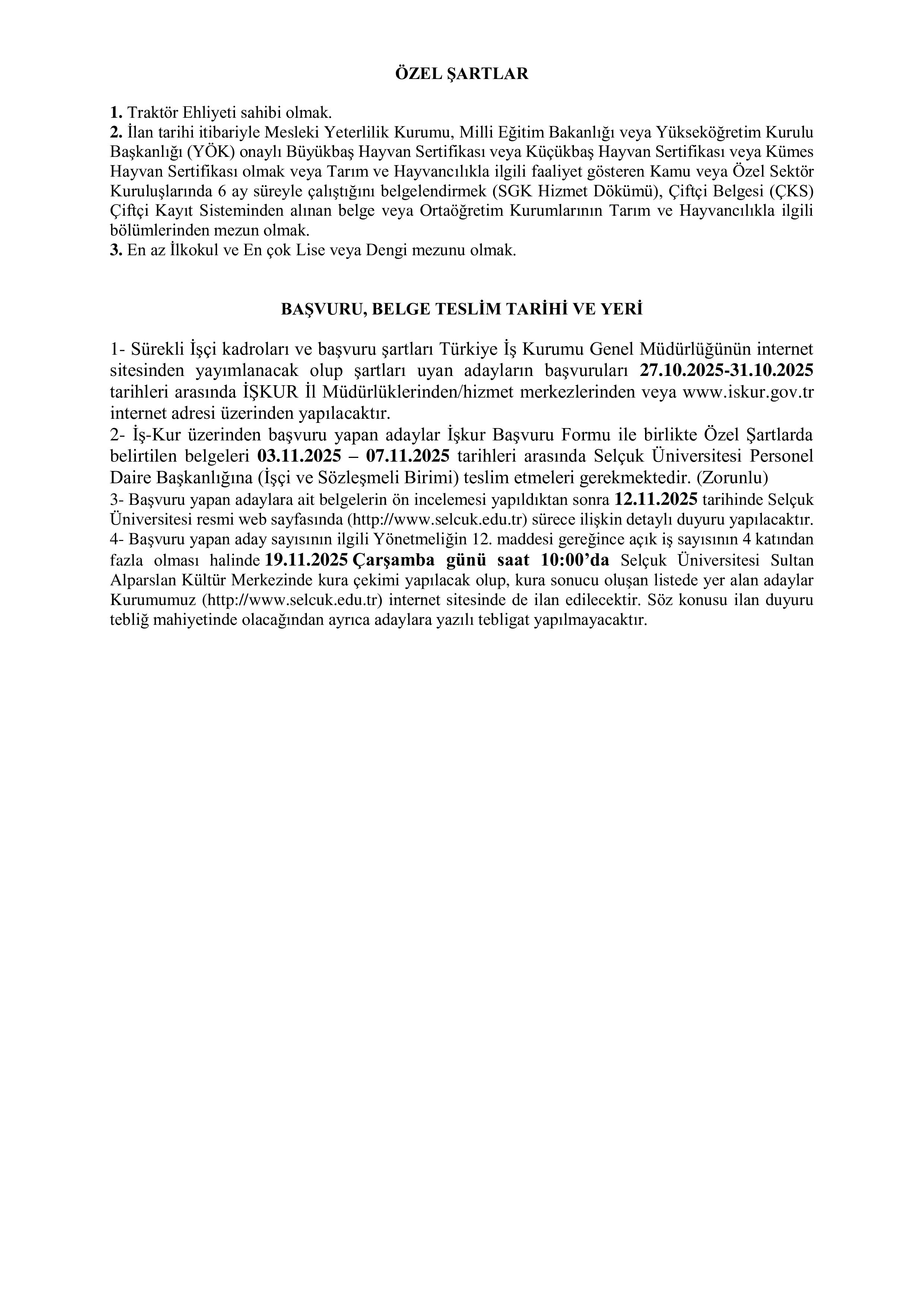 SELÇUK ÜNİVERSİTESİ 13 SüREKLİ İŞÇİ ALACAK ( 27 Ekim - 31 Ekim) İlan İçeriği Sayfa 2