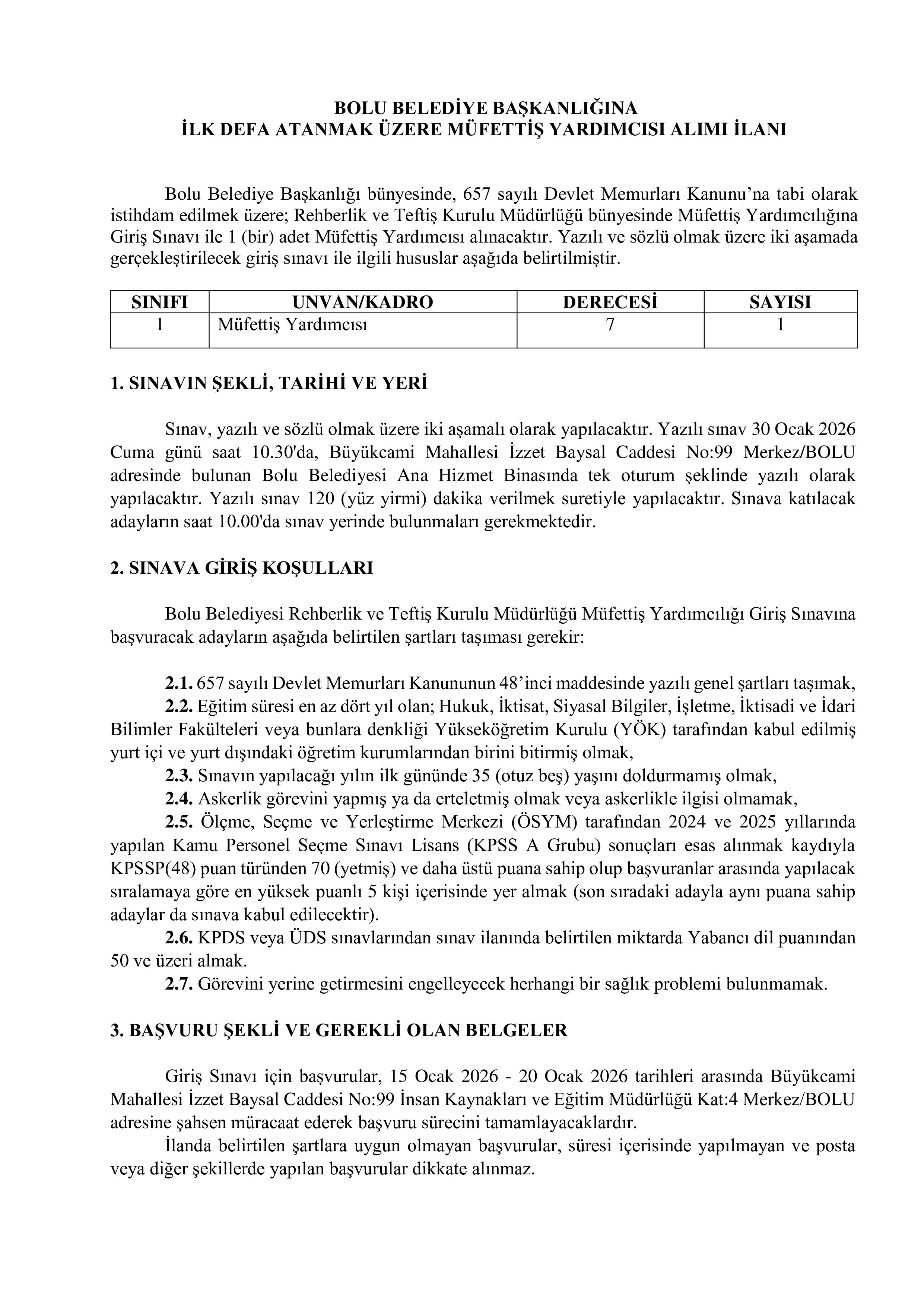 BOLU BELEDİYE BAŞKANLIĞI 1 MÜFETTİŞ YARDIMCISI ALACAK ( 15 Ocak - 20 Ocak) İlan İçeriği Sayfa 1