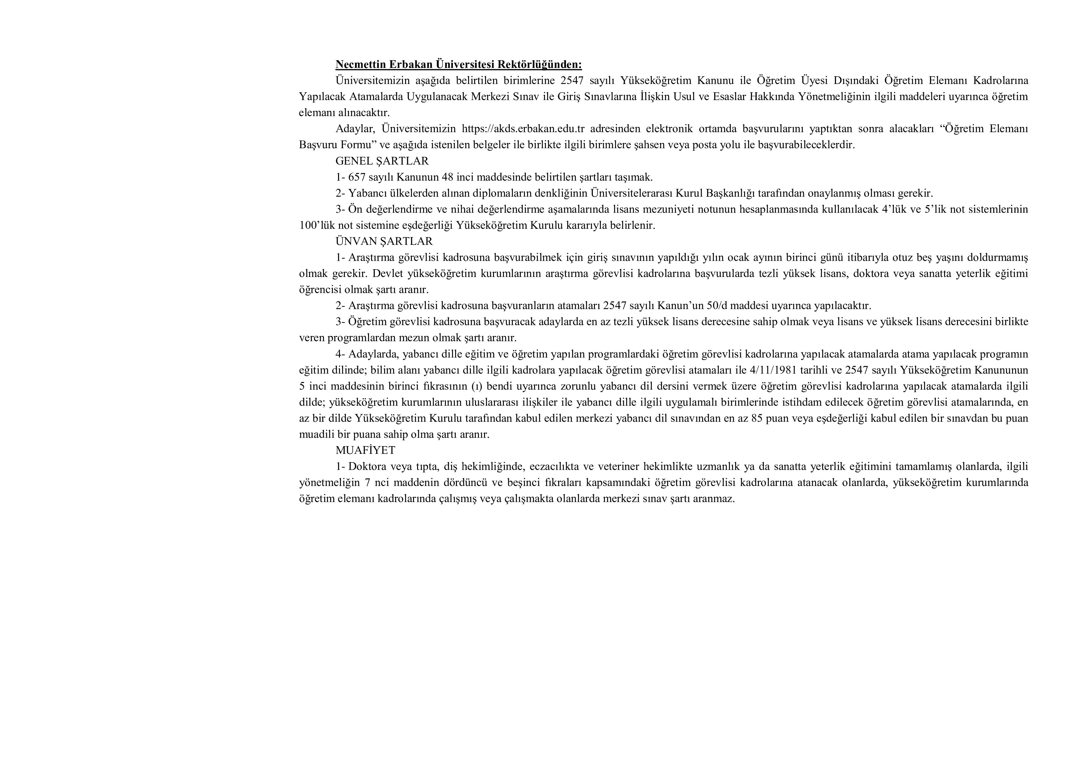 NECMETTİN ERBAKAN ÜNİVERSİTESİ 5 ADET ÖĞRETİM ELEMANI ALACAK ( 27 Kasım - 12 Aralık) İlan İçeriği Sayfa 1