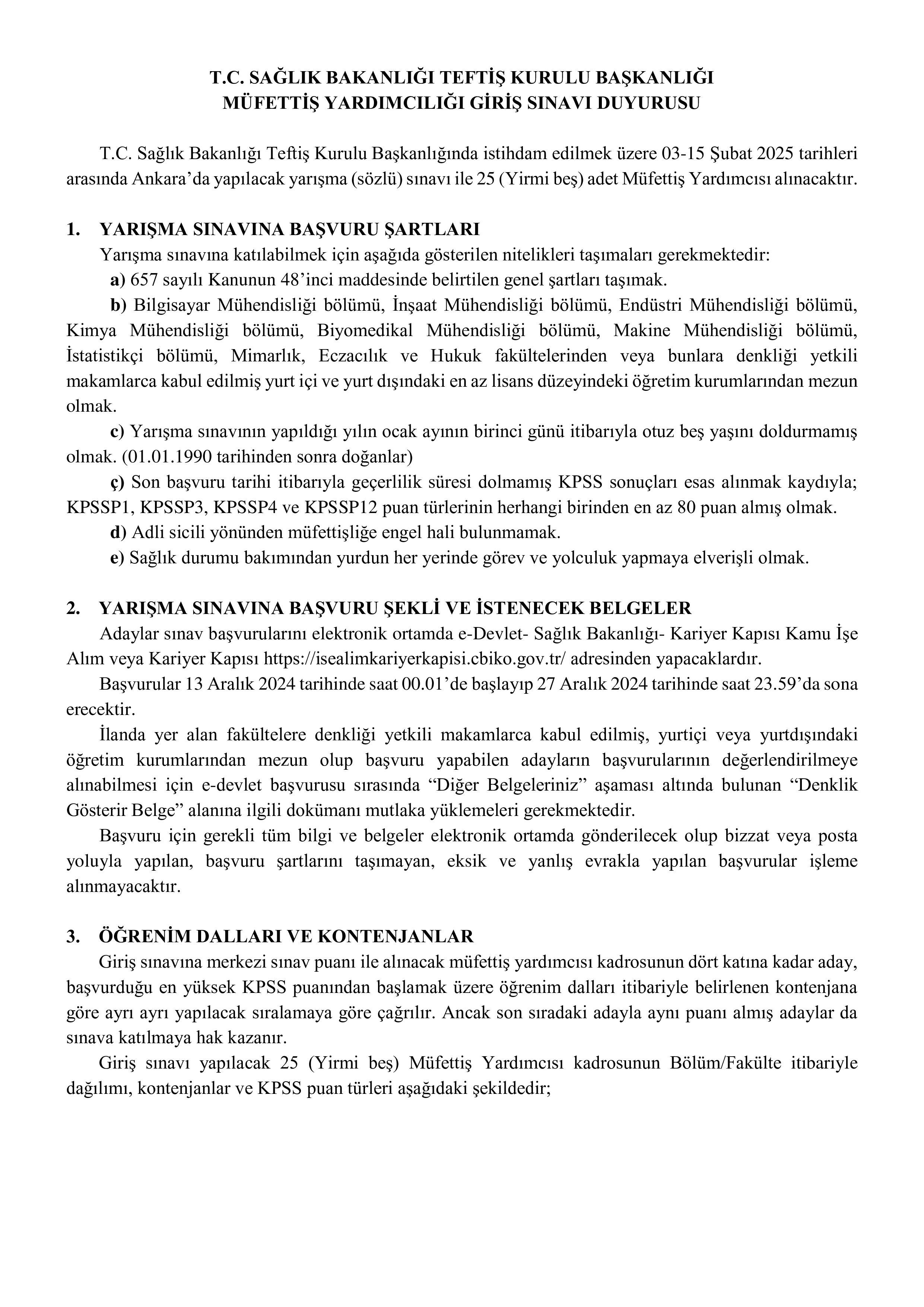 SAĞLIK BAKANLIĞI 25 MÜFETTİŞ YARDIMCISI ALACAK ( 13 Aralık - 27 Aralık) İlan İçeriği Sayfa 1