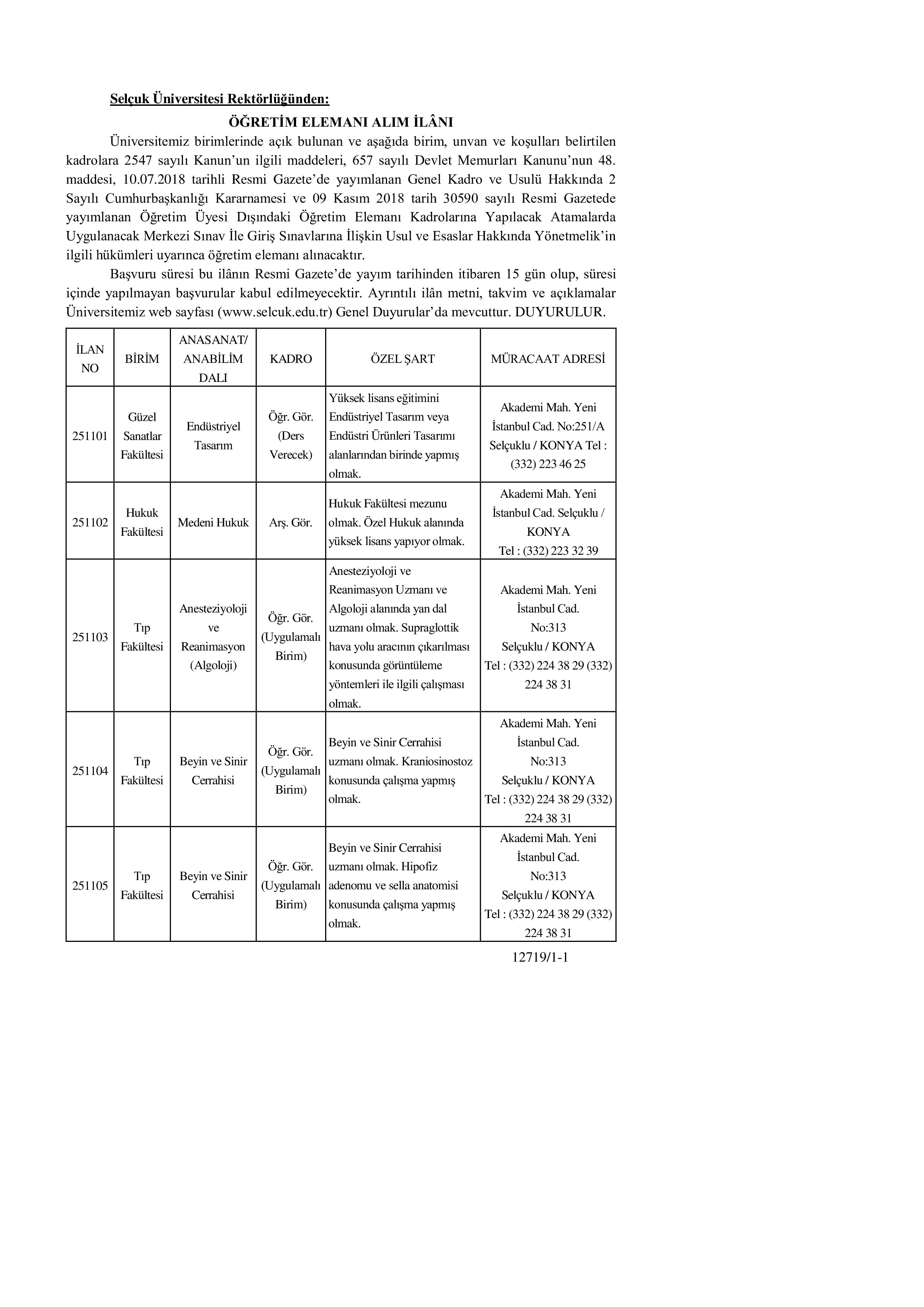 SELÇUK ÜNİVERSİTESİ 39 ÖĞRETİM ÜYESİ ALACAK ( 27 Kasım - 11 Aralık) İlan İçeriği Sayfa 1