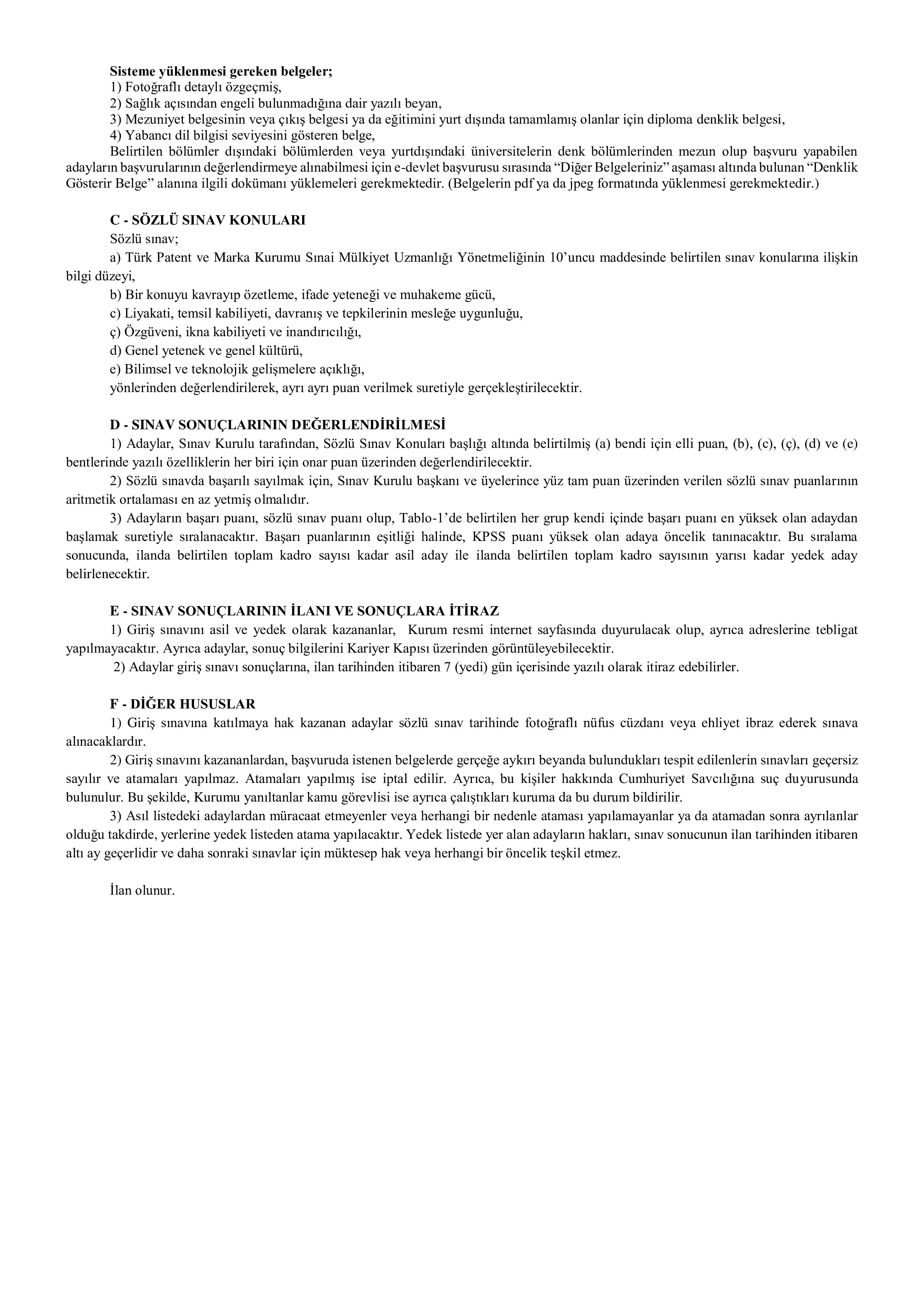 TÜRK PATENT VE MARKA KURUMU 34 SINAİ MÜLKİYET UZMAN YARDIMCISI ALACAK ( 27 Kasım - 27 Aralık) İlan İçeriği Sayfa 2