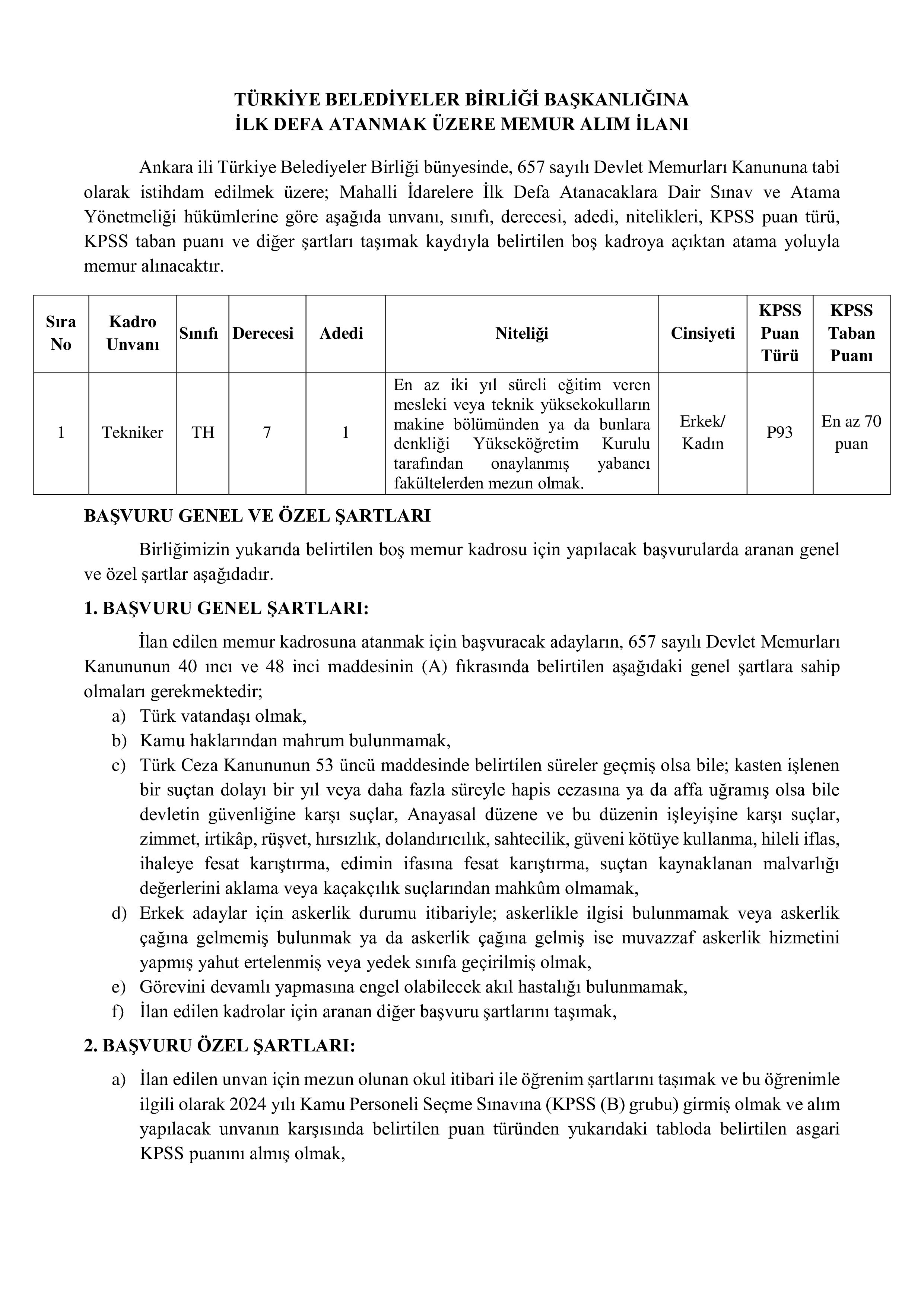 TÜRKİYE BELEDİYELER BİRLİĞİ 1 MEMUR ALACAK ( 30 Nisan - 8 Mayıs) İlan İçeriği Sayfa 1