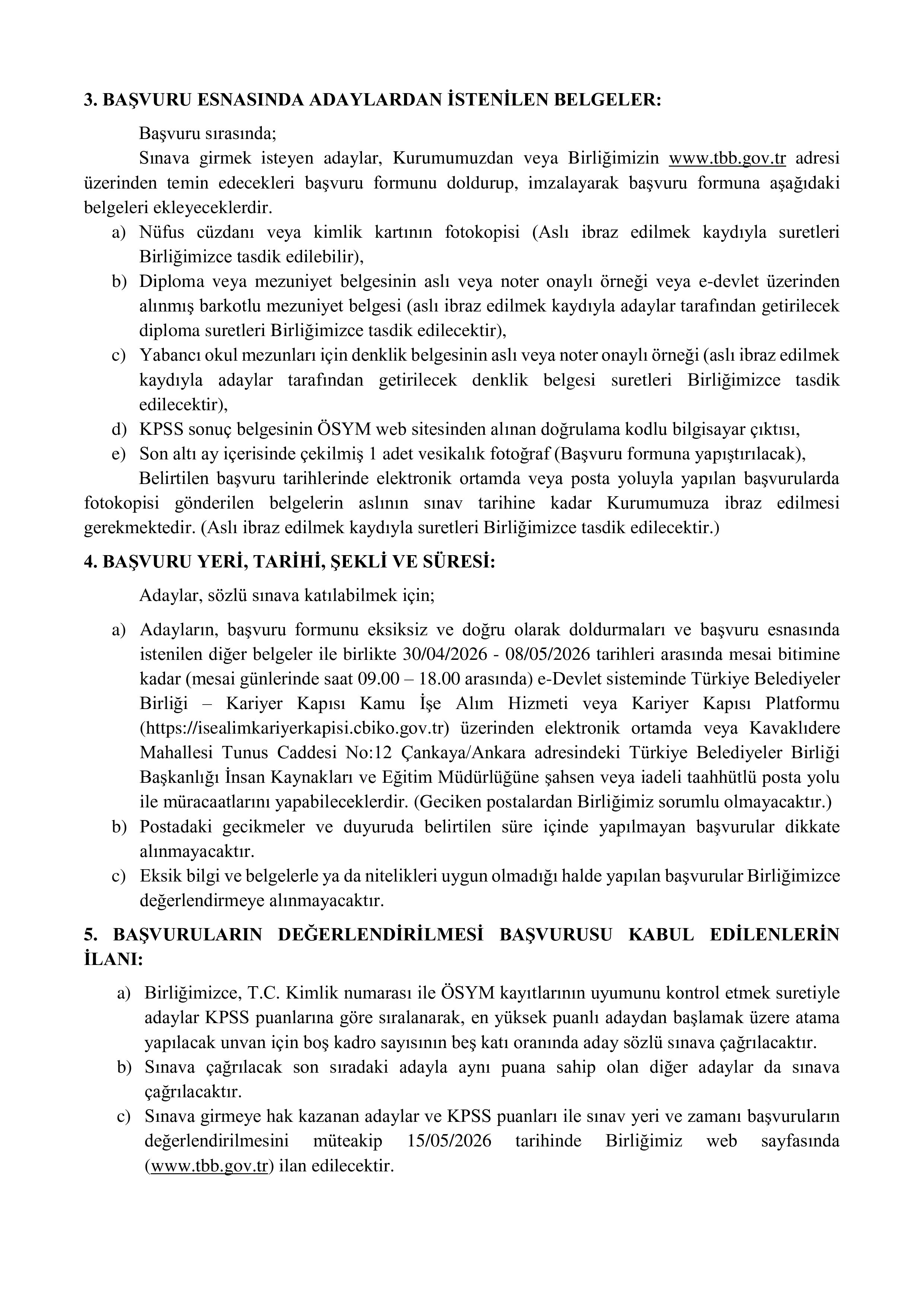 TÜRKİYE BELEDİYELER BİRLİĞİ 1 MEMUR ALACAK ( 30 Nisan - 8 Mayıs) İlan İçeriği Sayfa 2