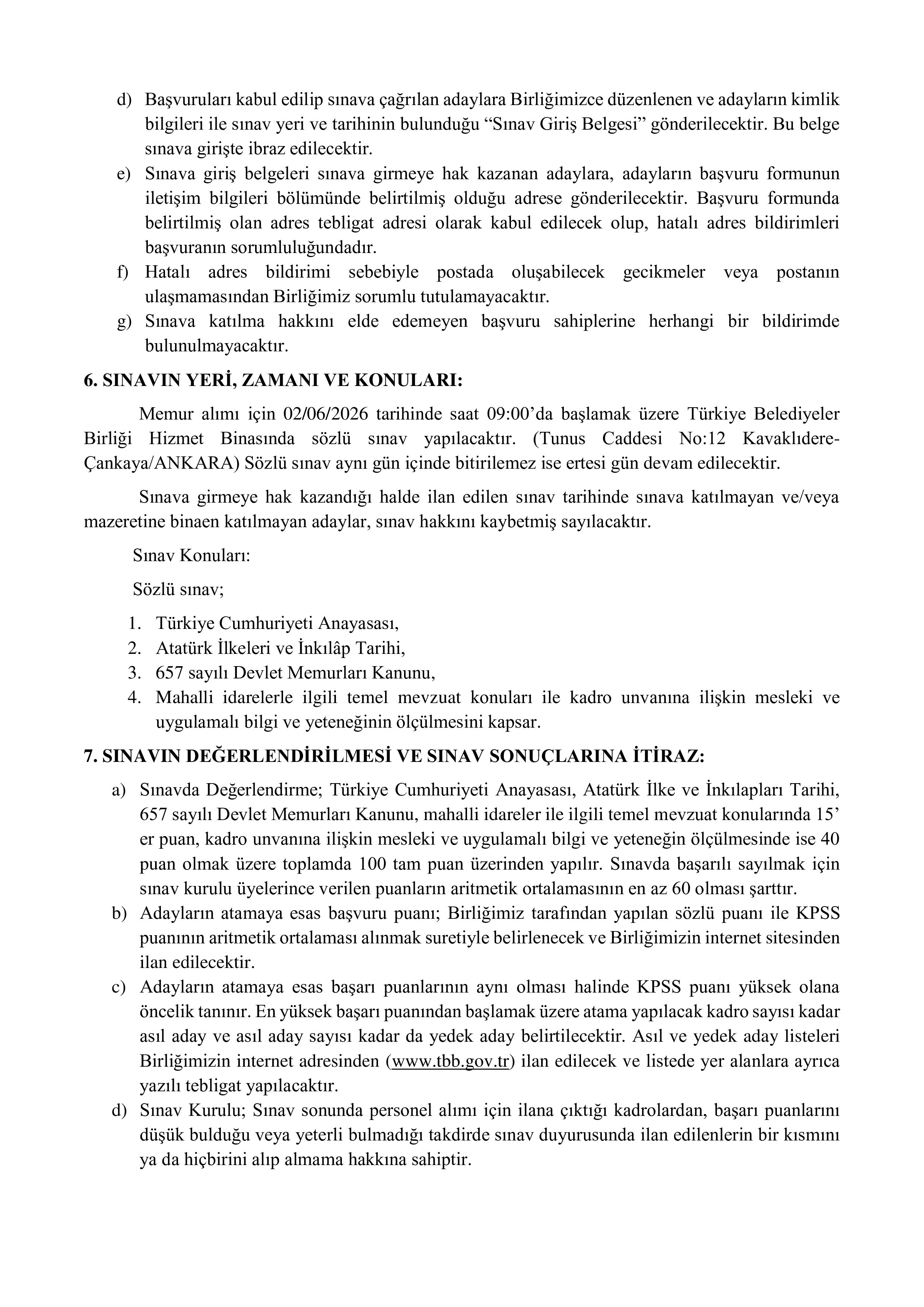 TÜRKİYE BELEDİYELER BİRLİĞİ 1 MEMUR ALACAK ( 30 Nisan - 8 Mayıs) İlan İçeriği Sayfa 3