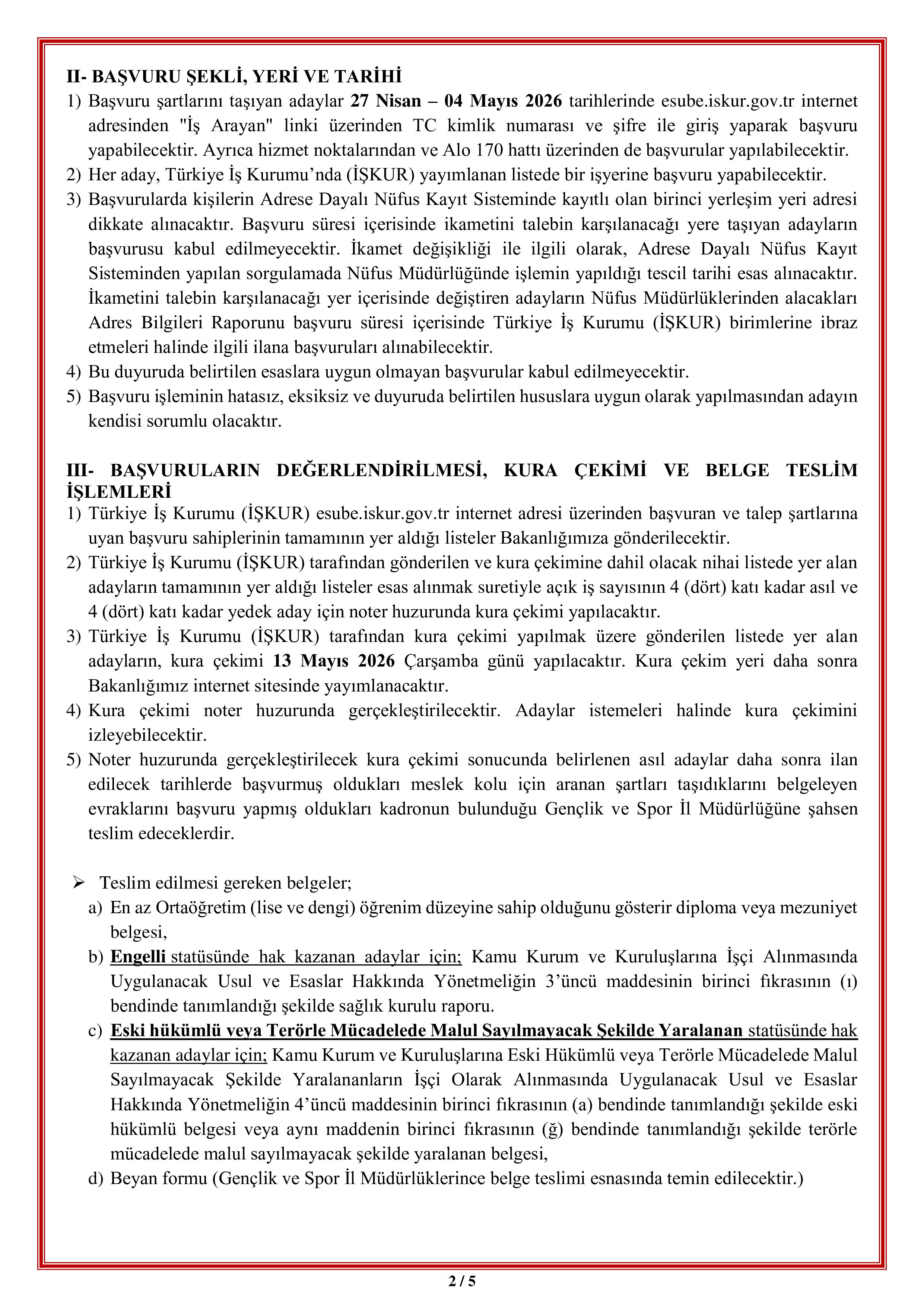 GENÇLİK VE SPOR BAKANLIĞI 157 (ENGELLİ VE ESKİ HÜKÜMLÜ/TMY) SüREKLİ İŞÇİ ALACAK ( 27 Nisan - 4 Mayıs) İlan İçeriği Sayfa 2