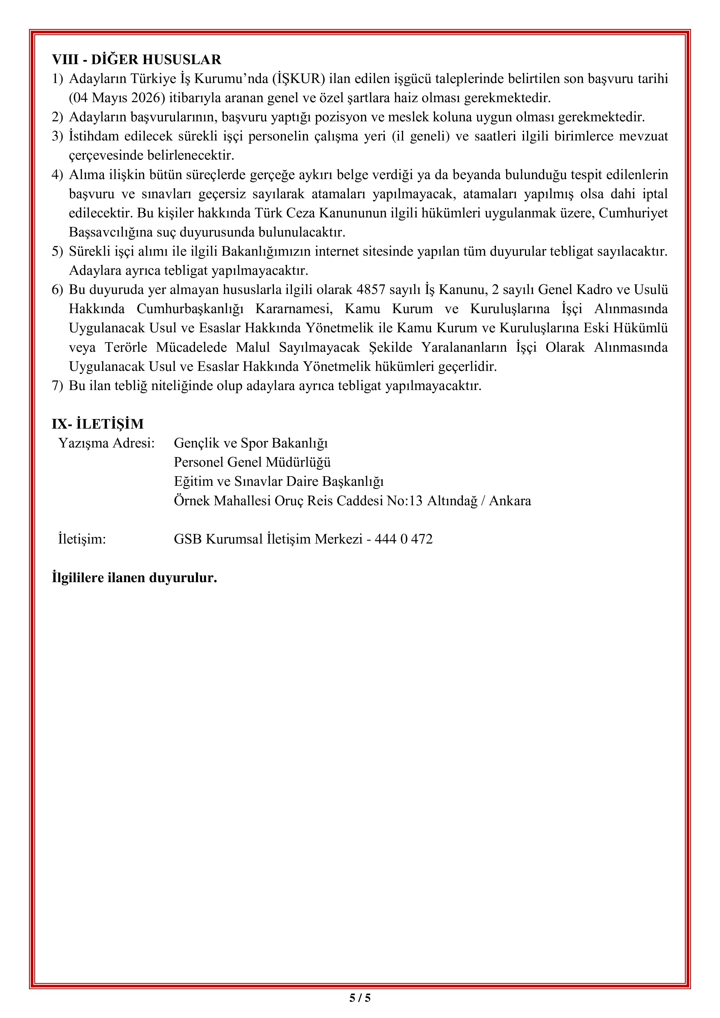 GENÇLİK VE SPOR BAKANLIĞI 157 (ENGELLİ VE ESKİ HÜKÜMLÜ/TMY) SüREKLİ İŞÇİ ALACAK ( 27 Nisan - 4 Mayıs) İlan İçeriği Sayfa 5