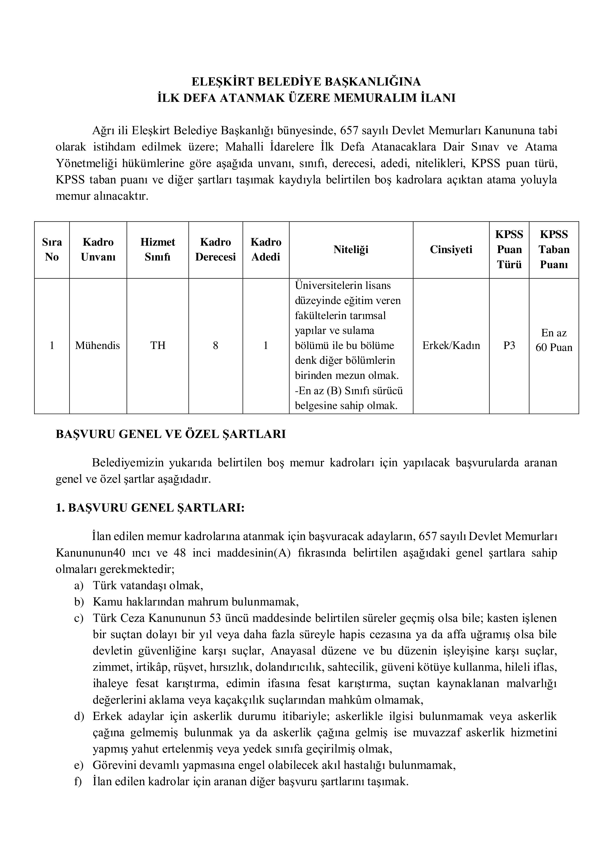 İlan İçeriği Sayfa 1 ELEŞKİRT BELEDİYE BAŞKANLIĞI 1 MEMUR ALACAK ( 2 Mart - 4 Mart) İlan İçeriği Sayfa 1