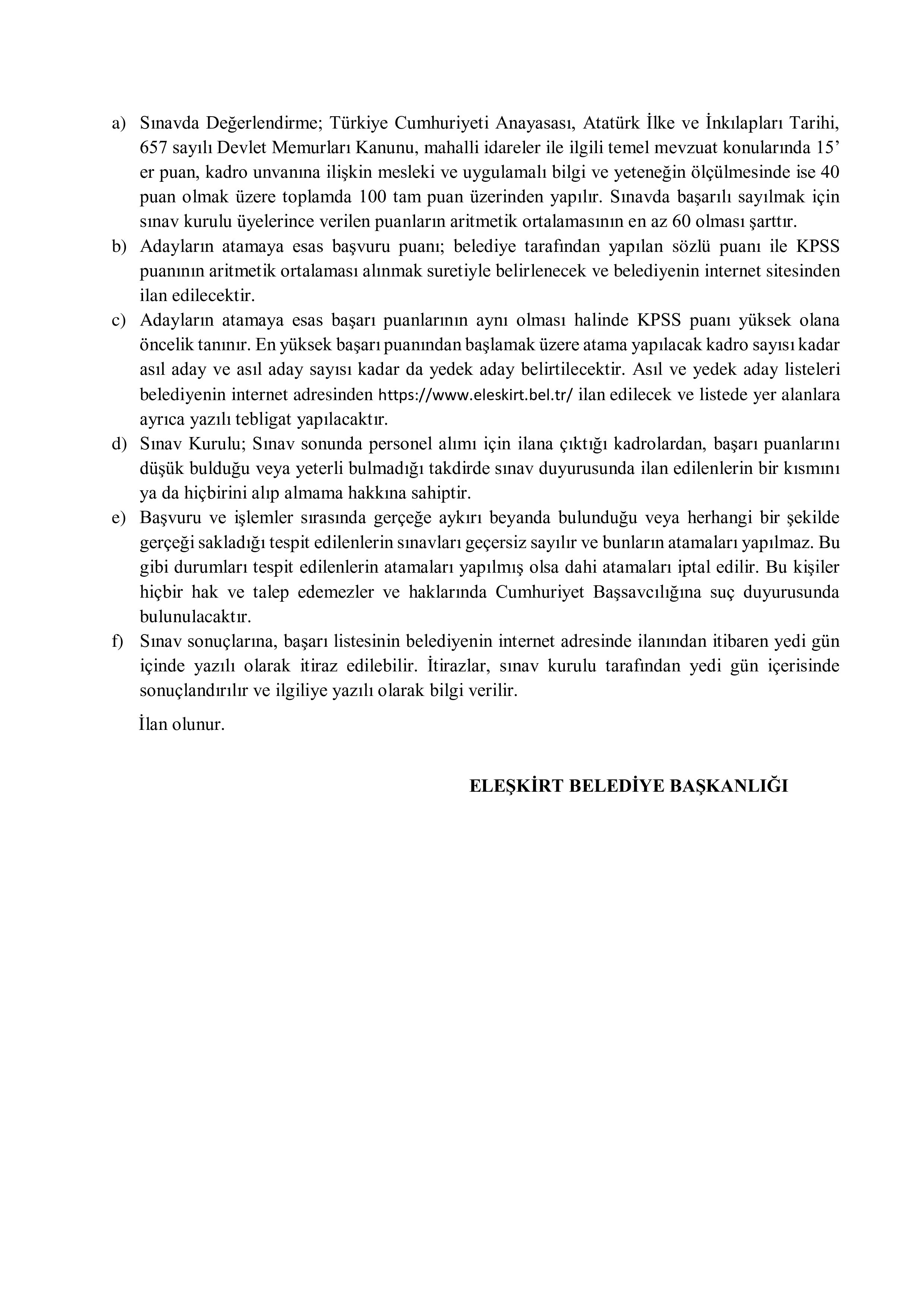 İlan İçeriği Sayfa 4 ELEŞKİRT BELEDİYE BAŞKANLIĞI 1 MEMUR ALACAK ( 2 Mart - 4 Mart) İlan İçeriği Sayfa 4