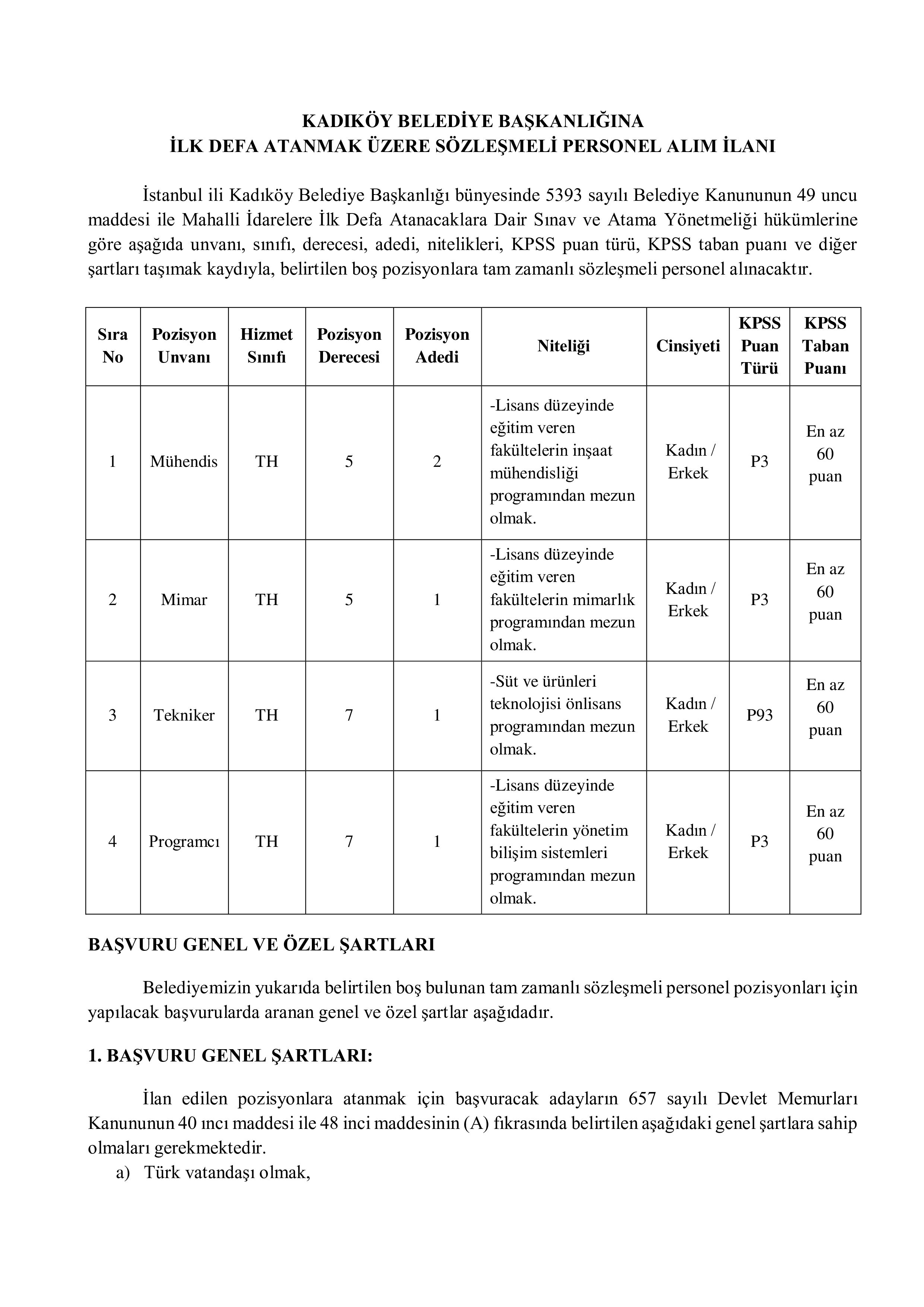 KADIKÖY (İSTANBUL) BELEDİYE BAŞKANLIĞI 4 MEMUR ALACAK ( 13 Nisan - 15 Nisan) İlan İçeriği Sayfa 1