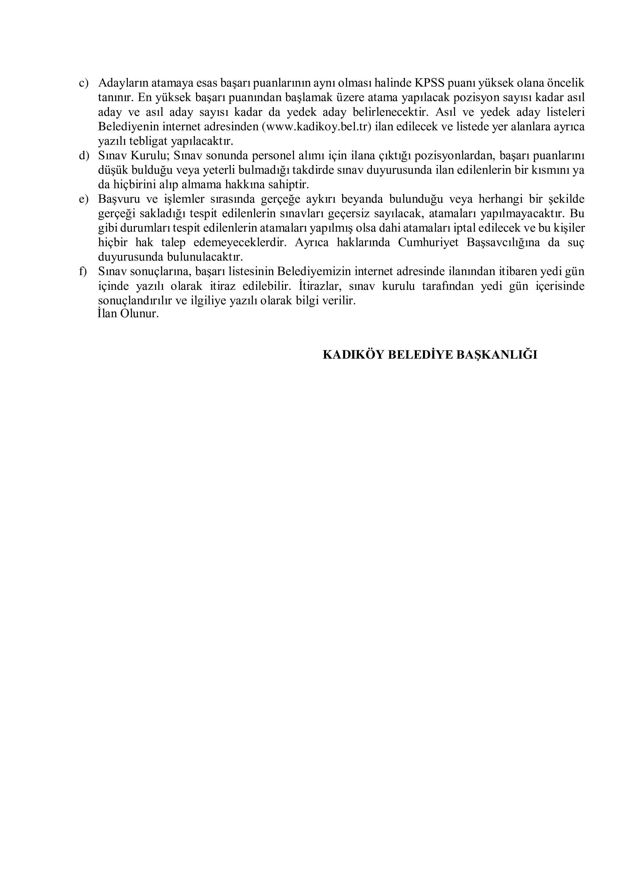 KADIKÖY (İSTANBUL) BELEDİYE BAŞKANLIĞI 4 MEMUR ALACAK ( 13 Nisan - 15 Nisan) İlan İçeriği Sayfa 4