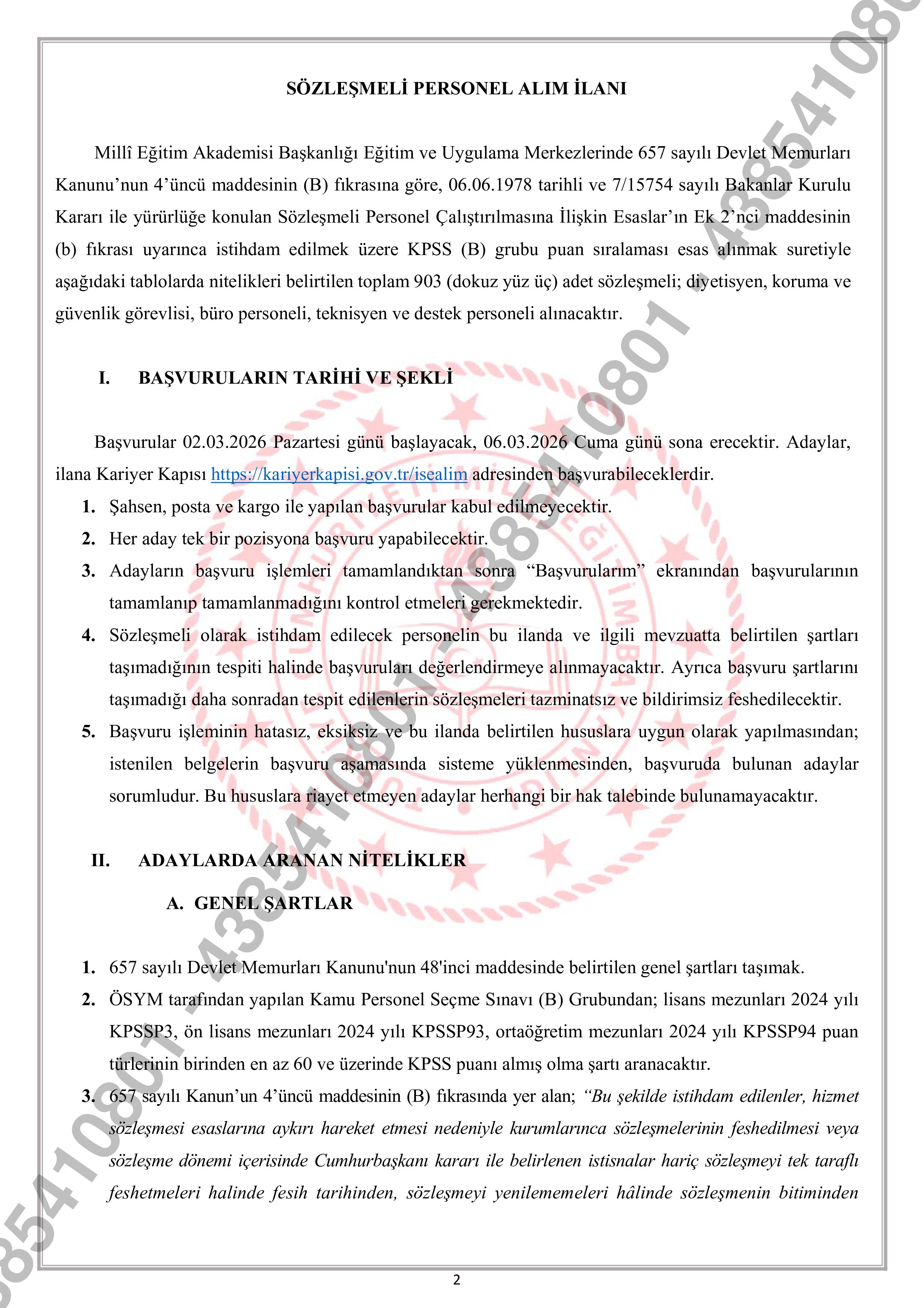 İlan İçeriği Sayfa 2 MİLLİ EĞİTİM BAKANLIĞI 903 SÖZLEŞMELİ PERSONEL ALACAK ( 2 Mart - 6 Mart) İlan İçeriği Sayfa 2