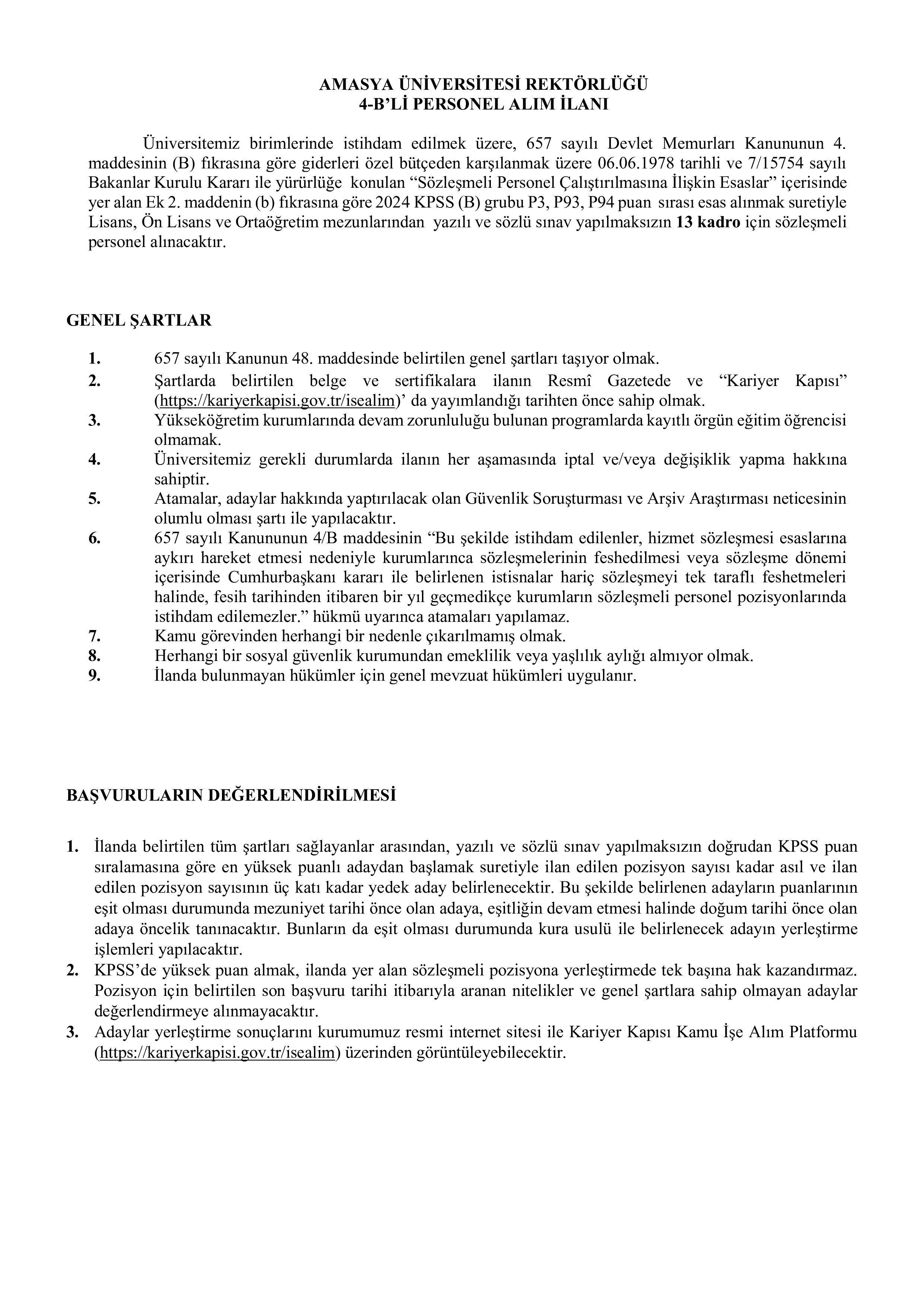 İlan İçeriği Sayfa 1 AMASYA ÜNİVERSİTESİ 13 SÖZLEŞMELİ PERSONEL ALACAK ( 28 Ekim - 11 Kasım) İlan İçeriği Sayfa 1