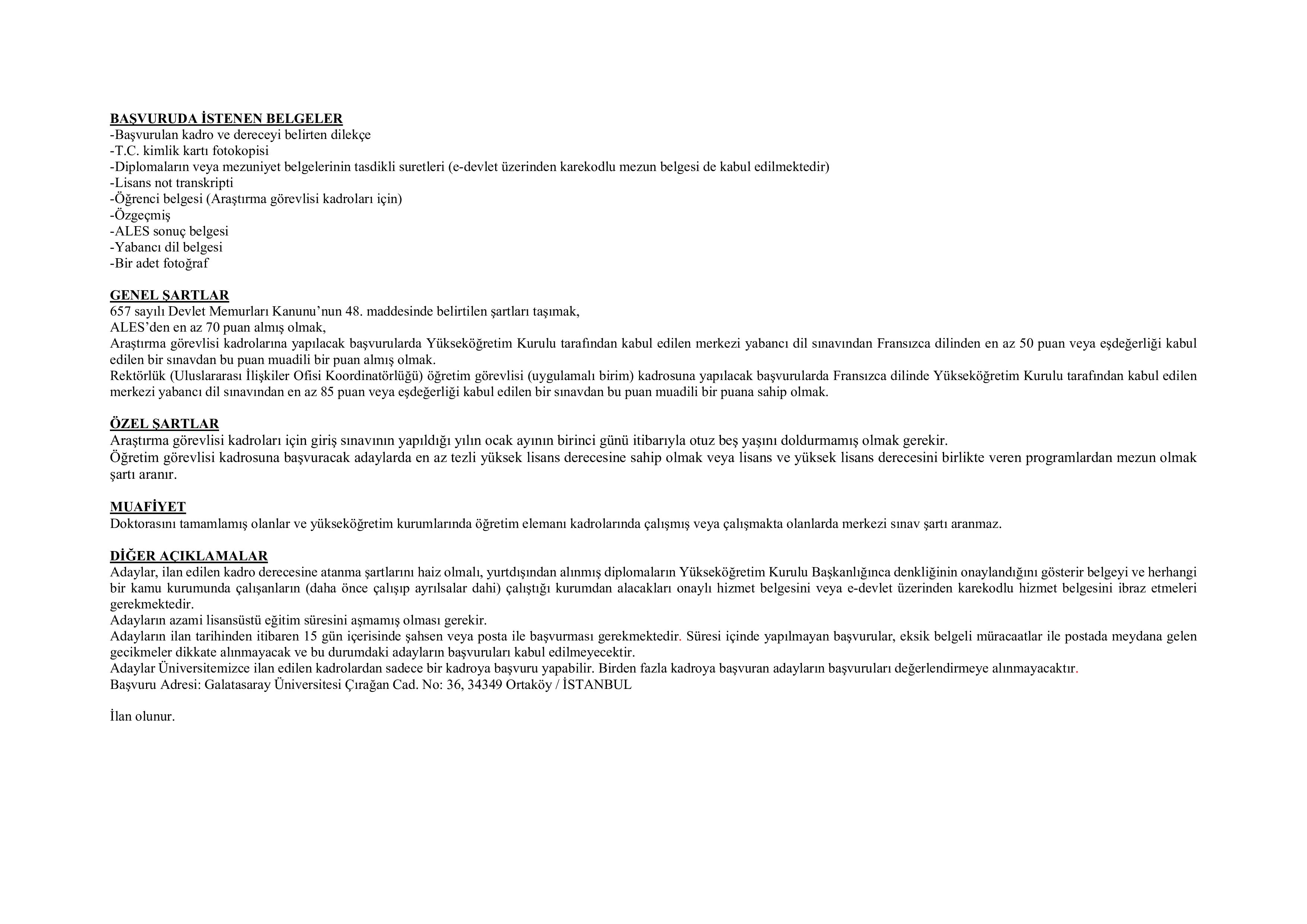 GALATASARAY ÜNİVERSİTESİ 3 ÖĞRETİM ELEMANI ALACAK ( 28 Kasım - 12 Aralık) İlan İçeriği Sayfa 2
