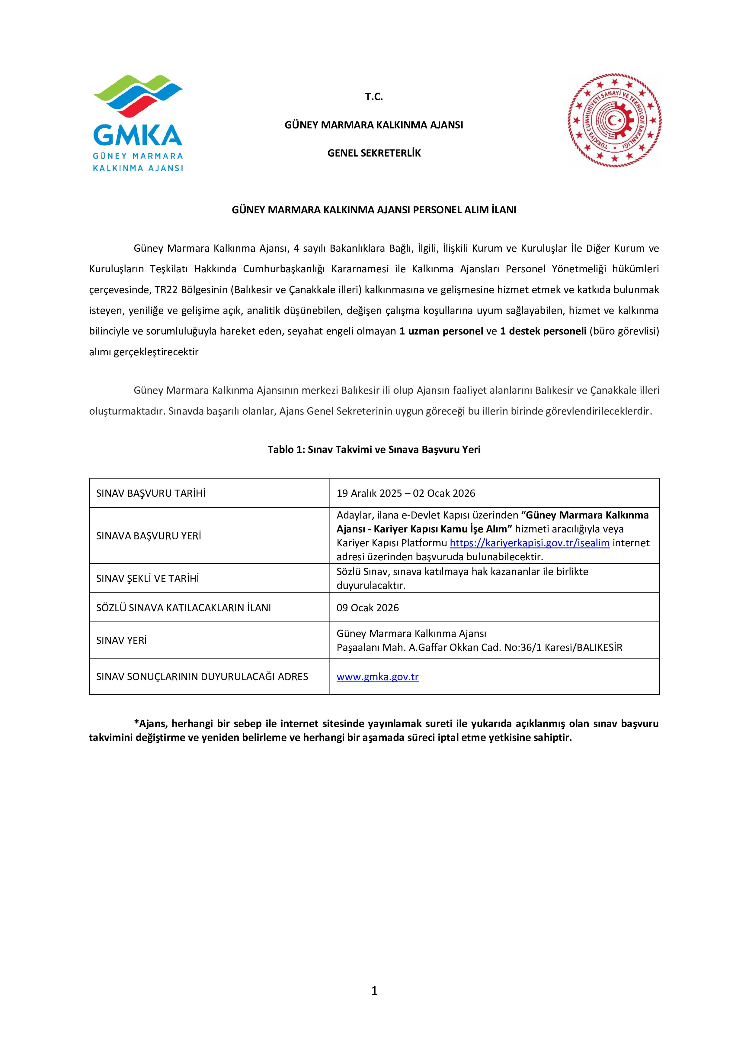 GÜNEY MARMARA KALKINMA AJANSI 2 SÖZLEŞMELİ PERSONEL ALACAK ( 19 Aralık - 2 Ocak) İlan İçeriği Sayfa 1
