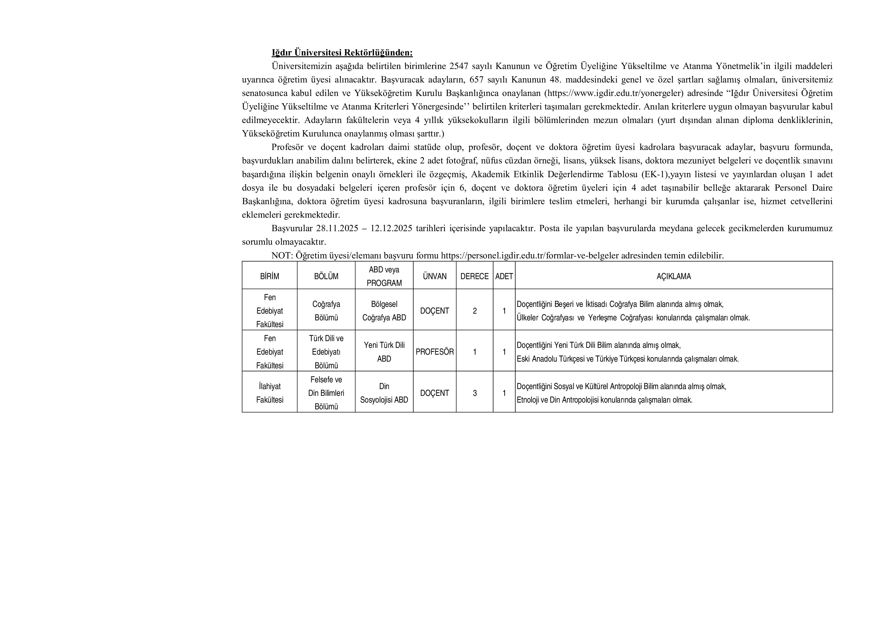 IĞDIR ÜNİVERSİTESİ 19 ÖĞRETİM ÜYESİ ALACAK ( 28 Kasım - 12 Aralık) İlan İçeriği Sayfa 1