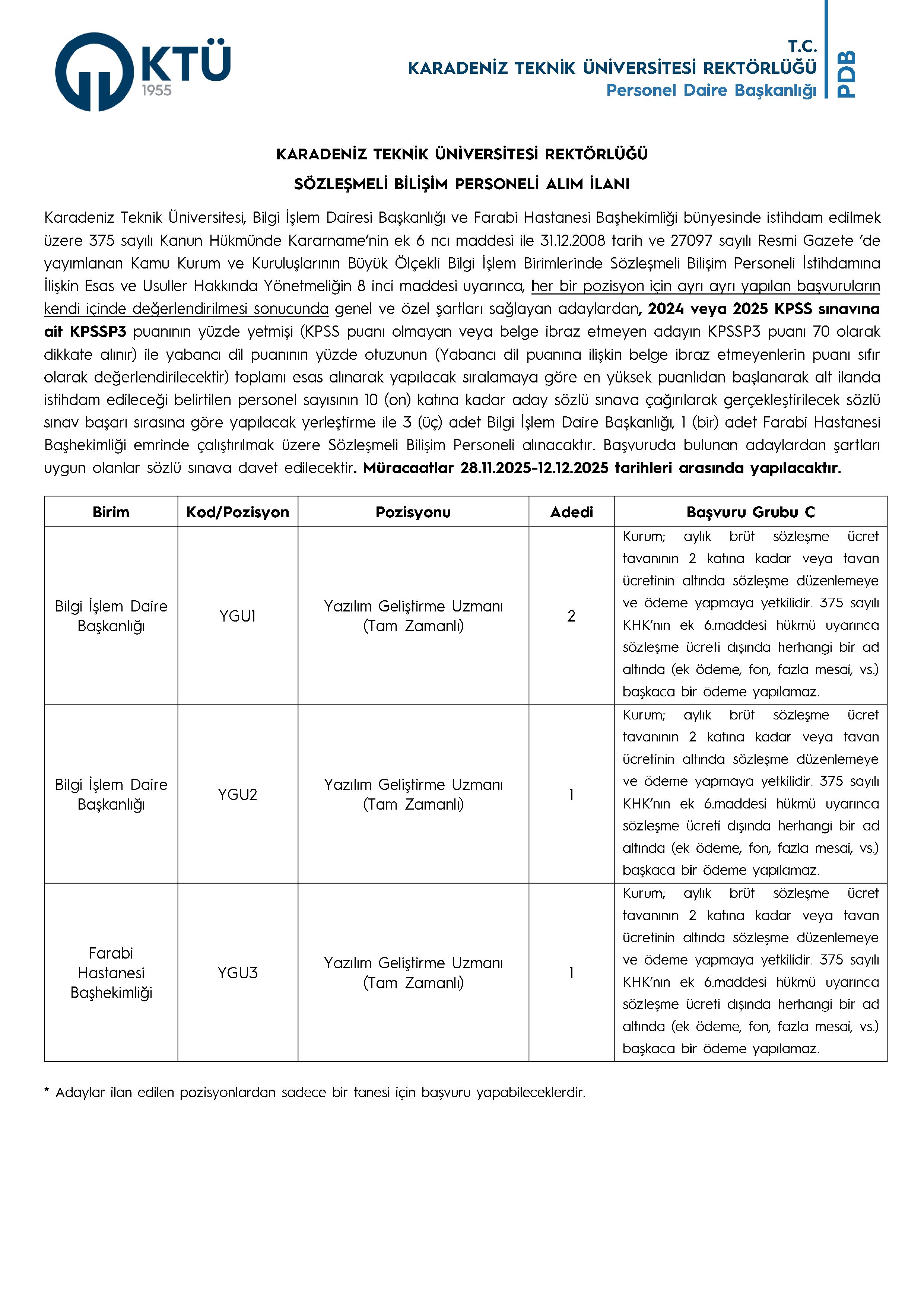 KARADENİZ TEKNİK ÜNİVERSİTESİ 4  ALACAK ( 28 Kasım - 12 Aralık) İlan İçeriği Sayfa 1