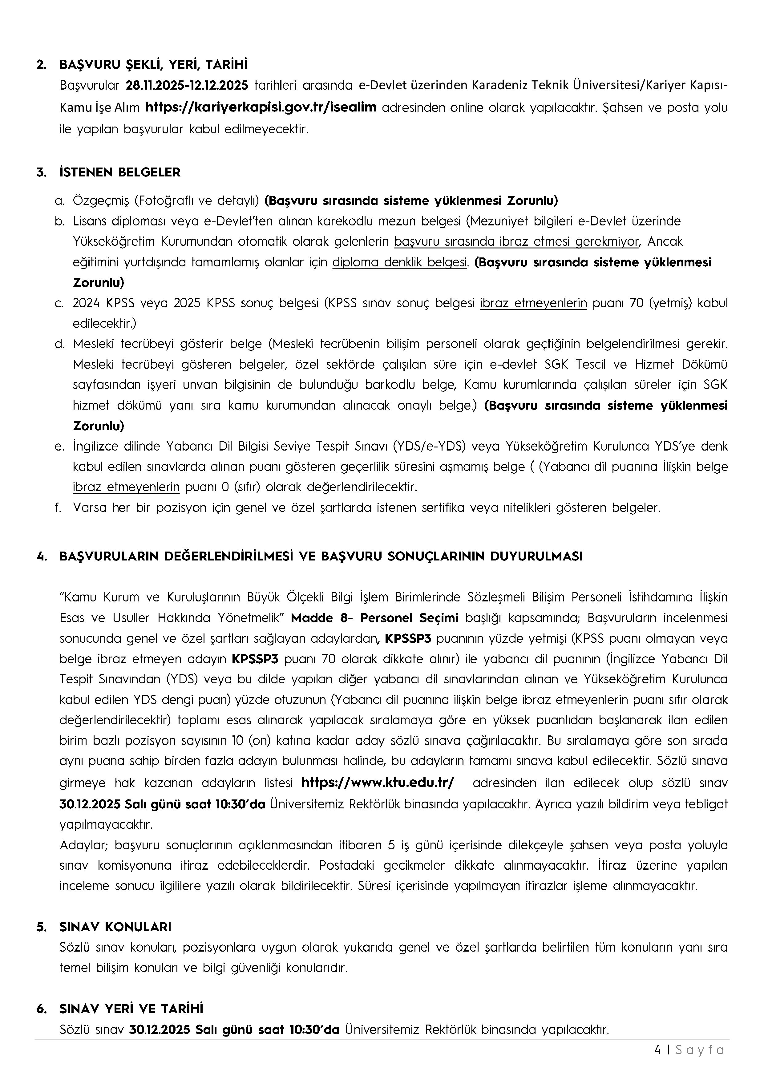 KARADENİZ TEKNİK ÜNİVERSİTESİ 4  ALACAK ( 28 Kasım - 12 Aralık) İlan İçeriği Sayfa 4