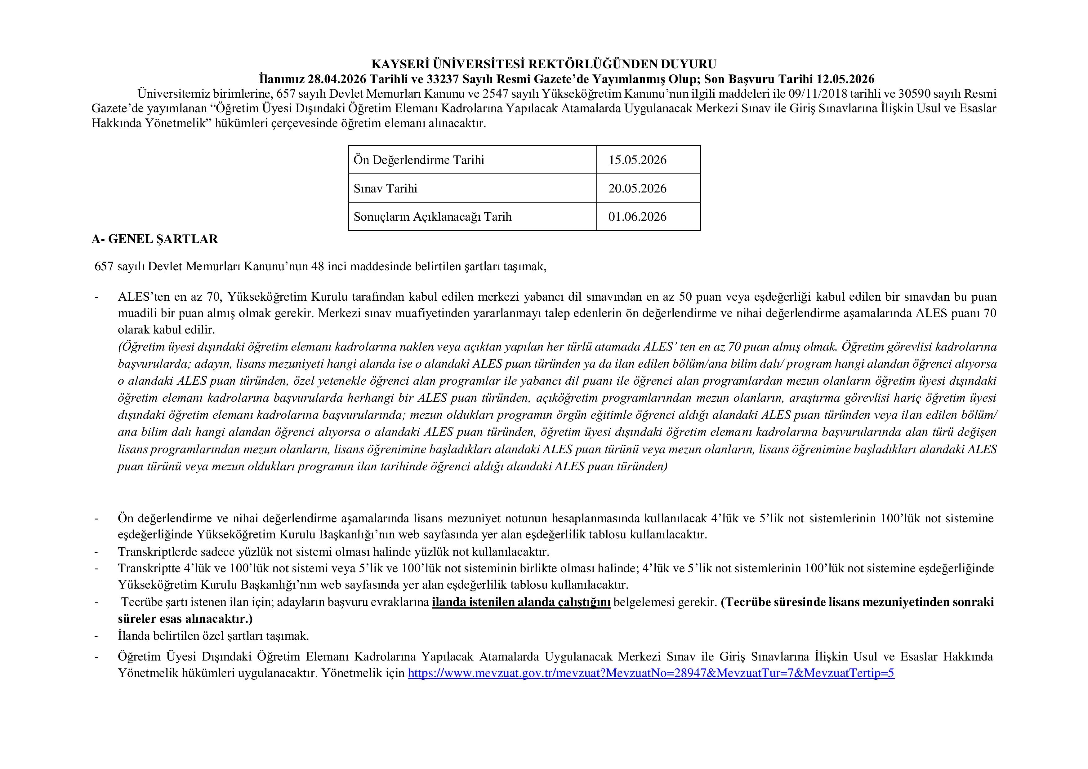 KAYSERİ ÜNİVERSİTESİ 5 ÖĞRETİM ELEMANI ALACAK ( 28 Nisan - 12 Mayıs) İlan İçeriği Sayfa 1