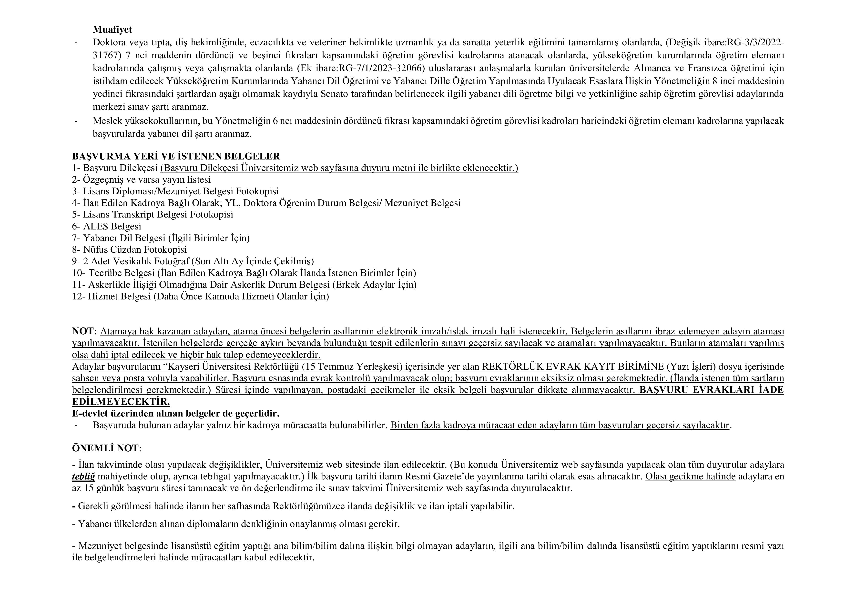 KAYSERİ ÜNİVERSİTESİ 5 ÖĞRETİM ELEMANI ALACAK ( 28 Nisan - 12 Mayıs) İlan İçeriği Sayfa 2