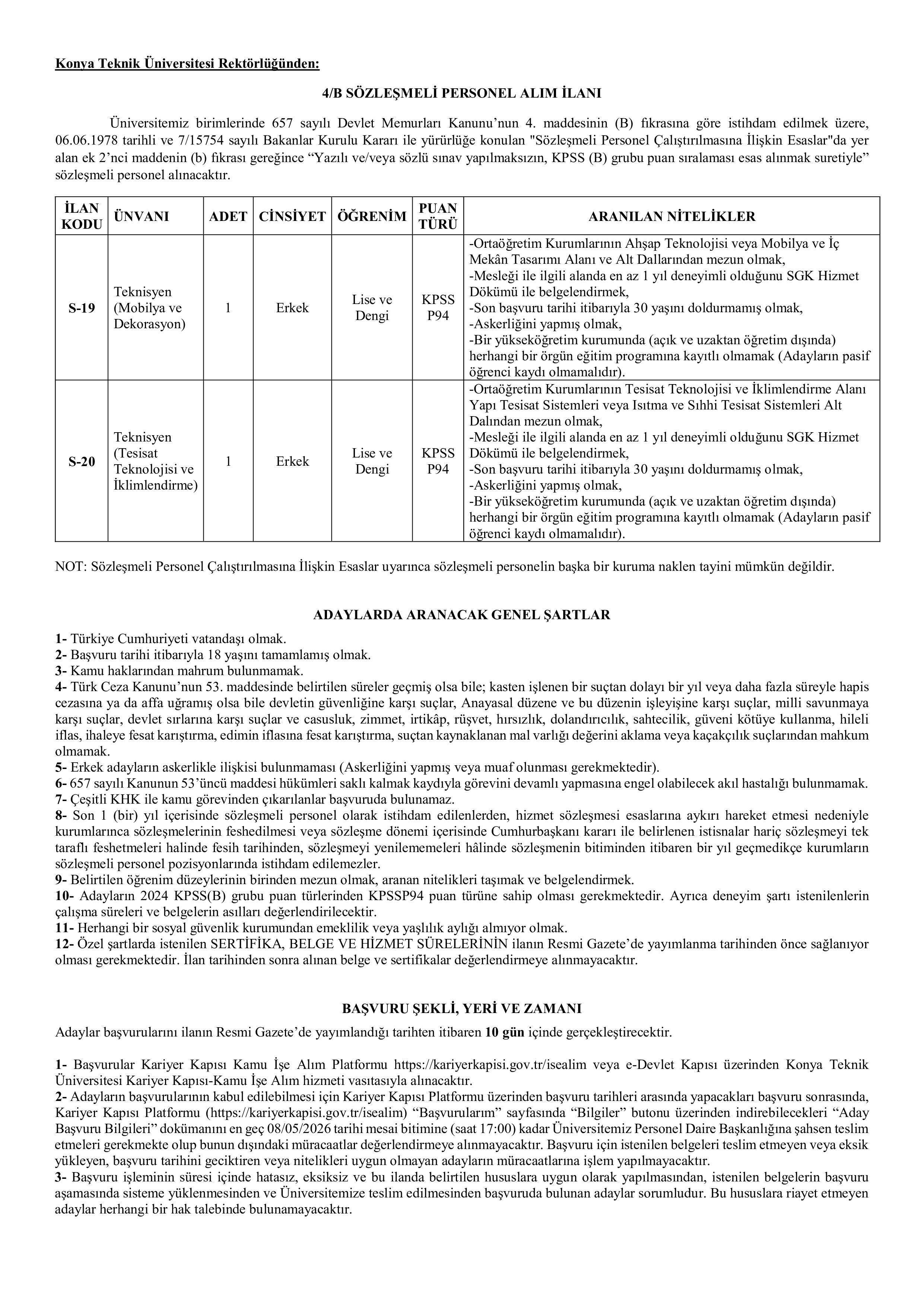 KONYA TEKNİK ÜNİVERSİTESİ 2 SÖZLEŞMELİ PERSONEL ALACAK ( 28 Nisan - 7 Mayıs) İlan İçeriği Sayfa 1
