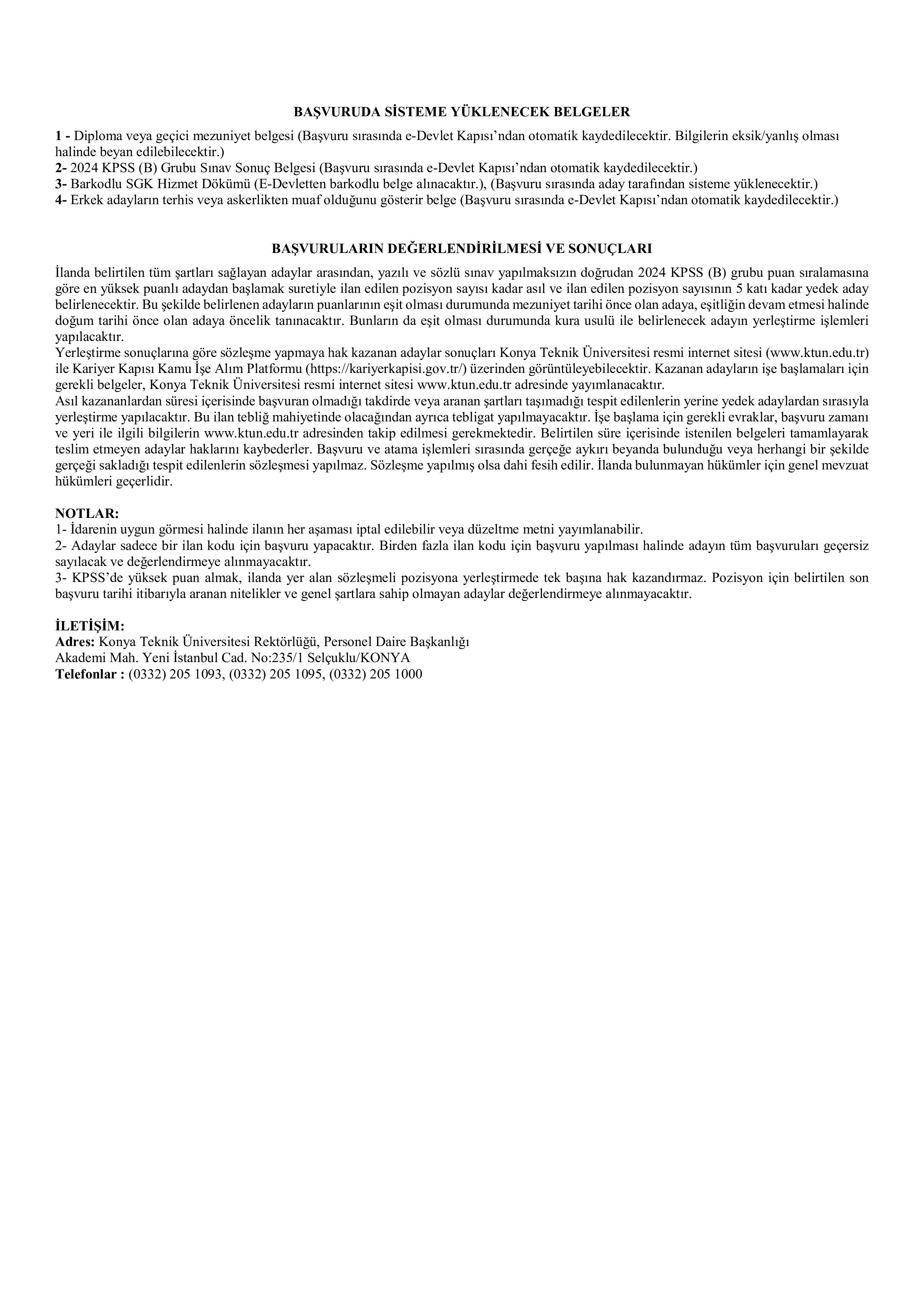 KONYA TEKNİK ÜNİVERSİTESİ 2 SÖZLEŞMELİ PERSONEL ALACAK ( 28 Nisan - 7 Mayıs) İlan İçeriği Sayfa 2
