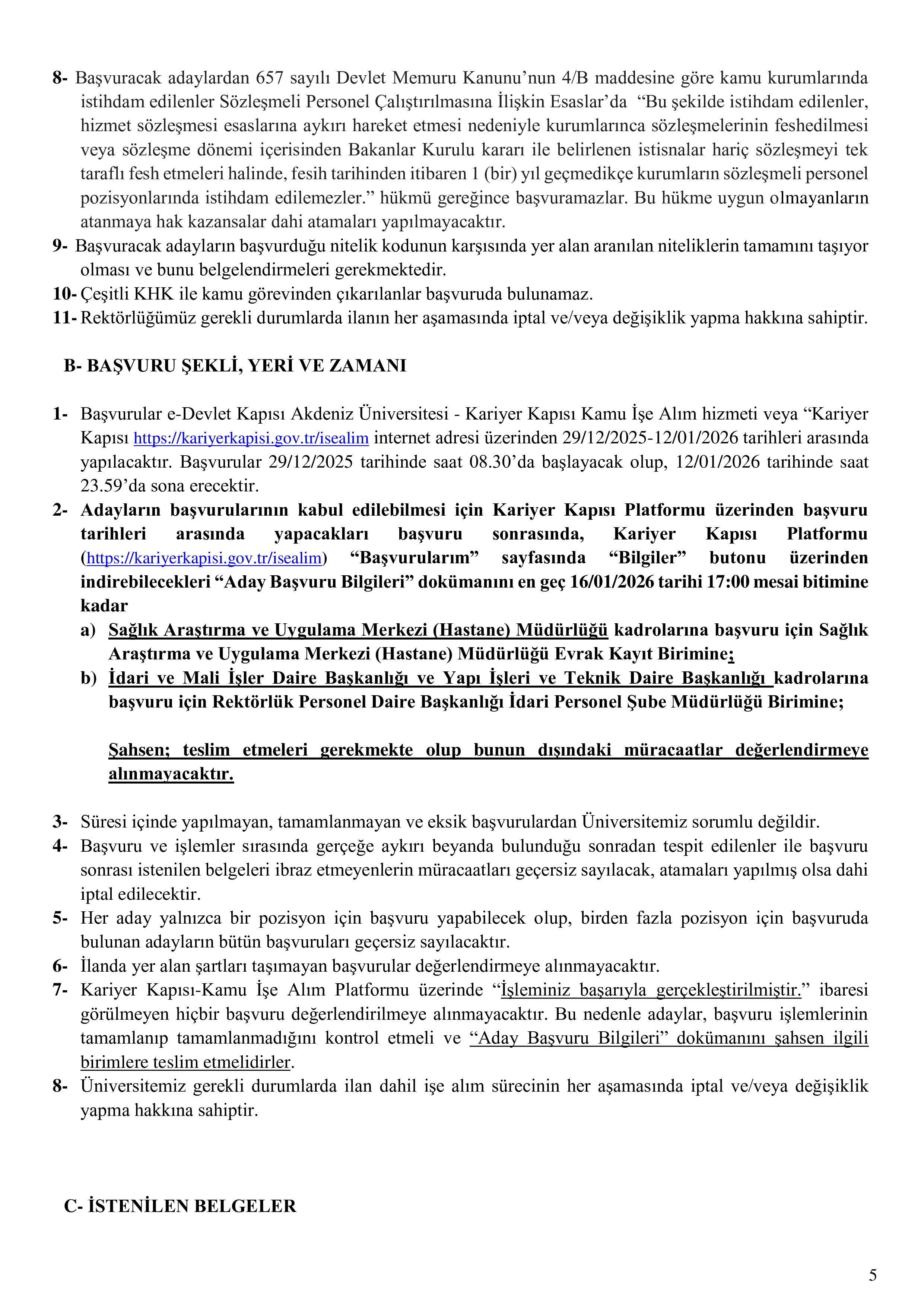 AKDENİZ ÜNİVERSİTESİ 162 SÖZLEŞMELİ PERSONEL ALACAK ( 29 Aralık - 12 Ocak) İlan İçeriği Sayfa 5