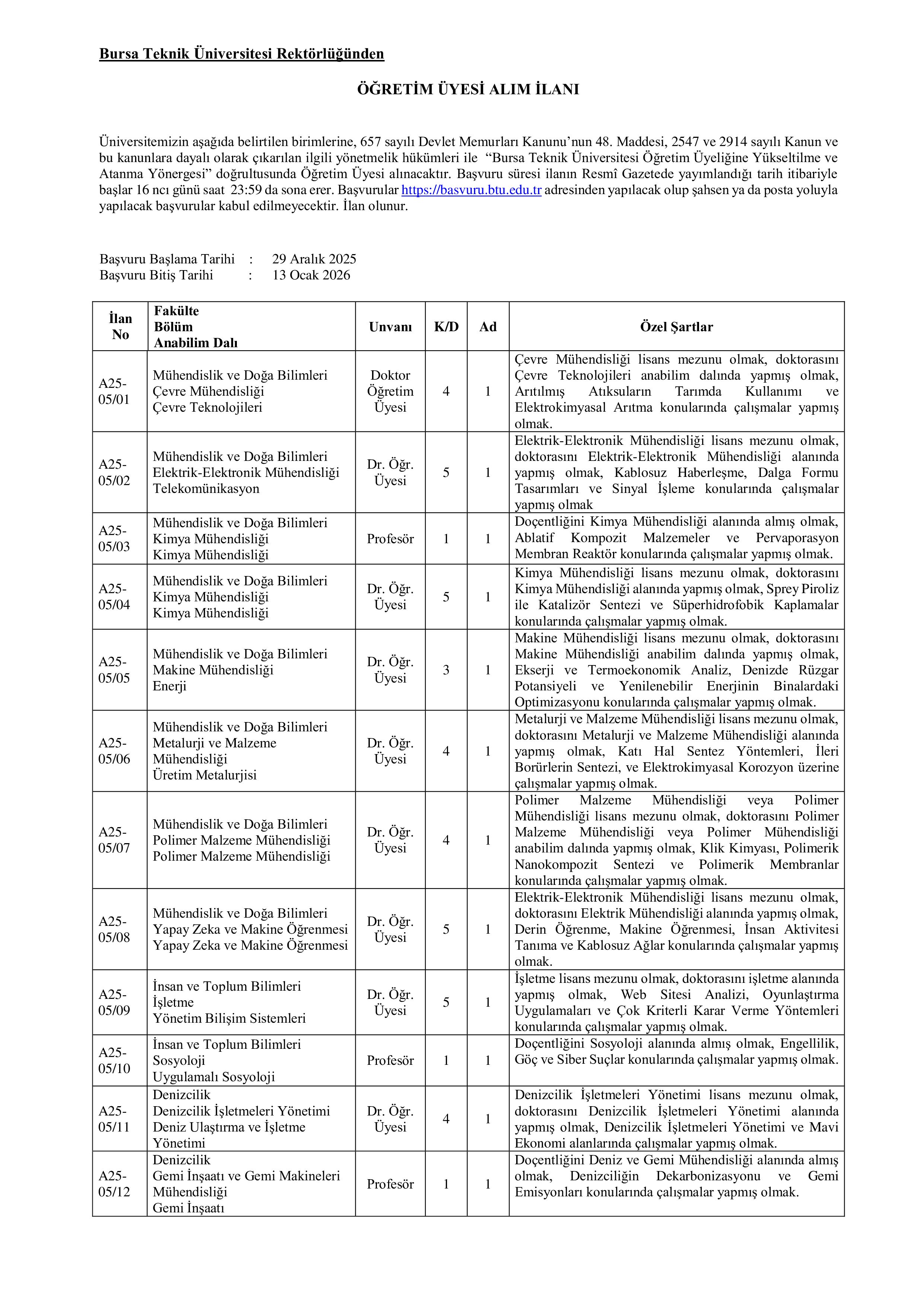 BURSA TEKNİK ÜNİVERSİTESİ 2 SÖZLEŞMELİ KORUMA VE GÜVENLİK GÖREVLİSİ ALACAK ( 29 Aralık - 12 Ocak) İlan İçeriği Sayfa 1