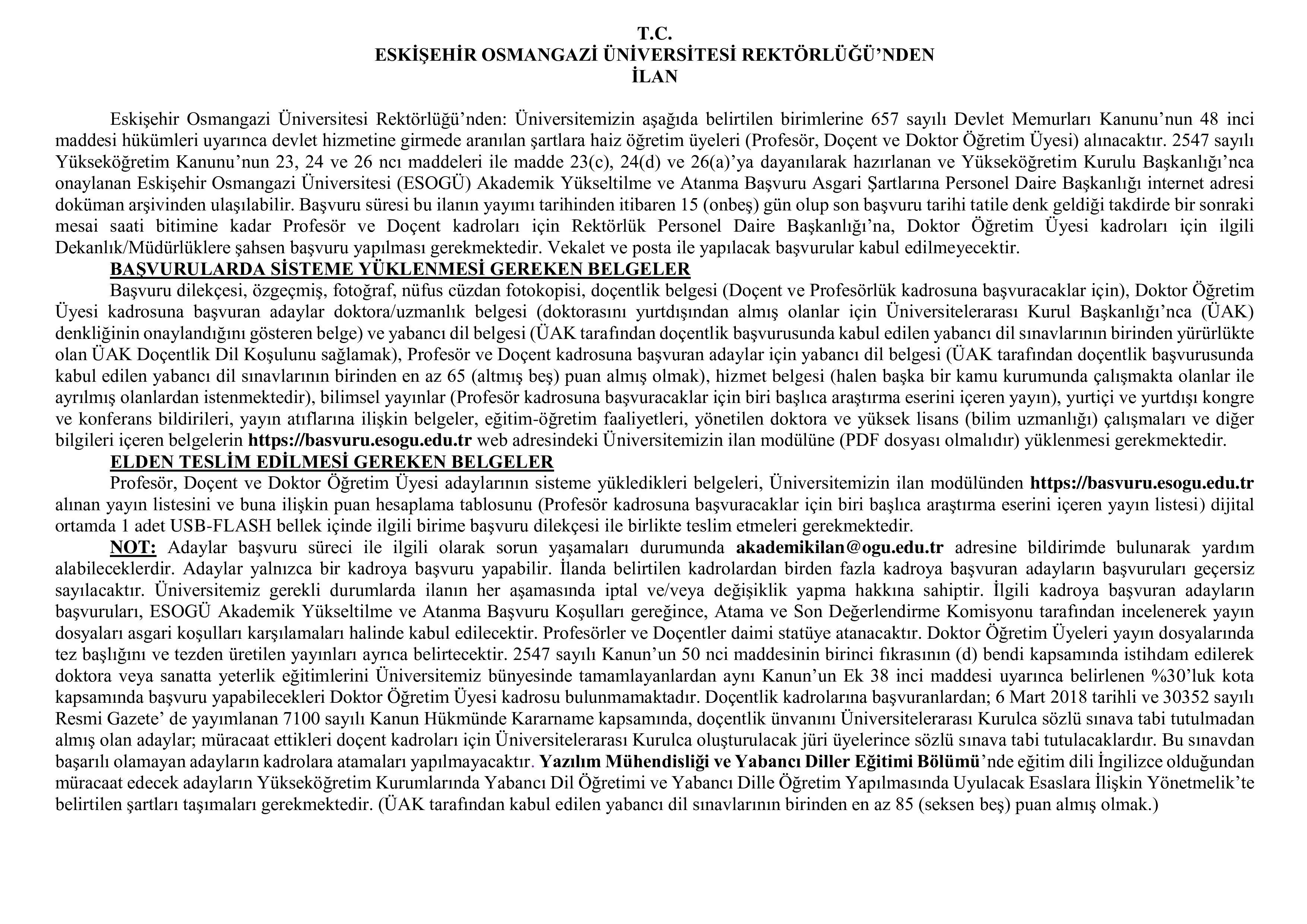 ESKİŞEHİR OSMANGAZİ ÜNİVERSİTESİ 19 ÖĞRETİM ÜYESİ ALACAK ( 29 Aralık - 12 Ocak) İlan İçeriği Sayfa 1