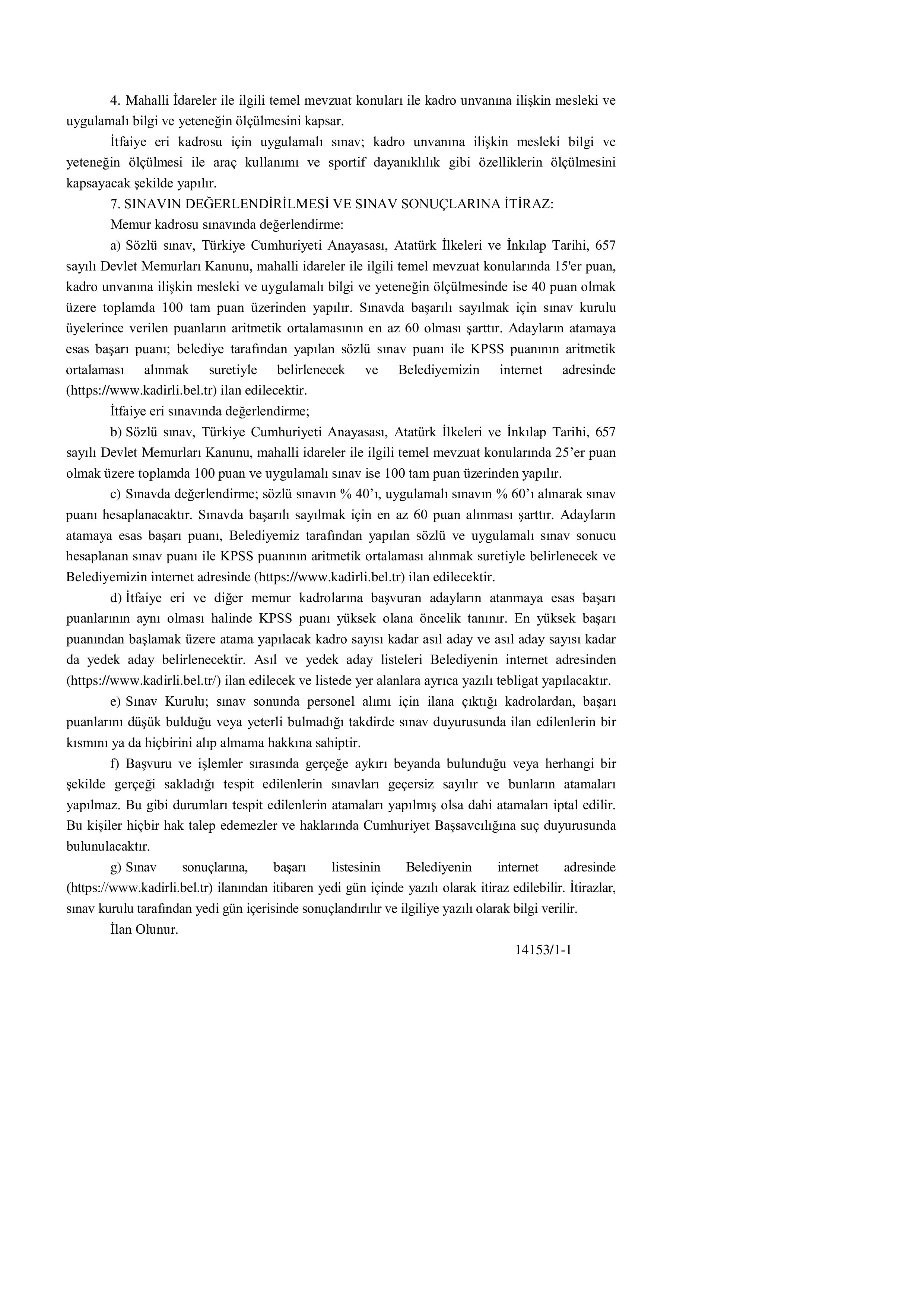 KADİRLİ BELEDİYE BAŞKANLIĞI 4 MEMUR ALACAK ( 2 Şubat - 4 Şubat) İlan İçeriği Sayfa 4