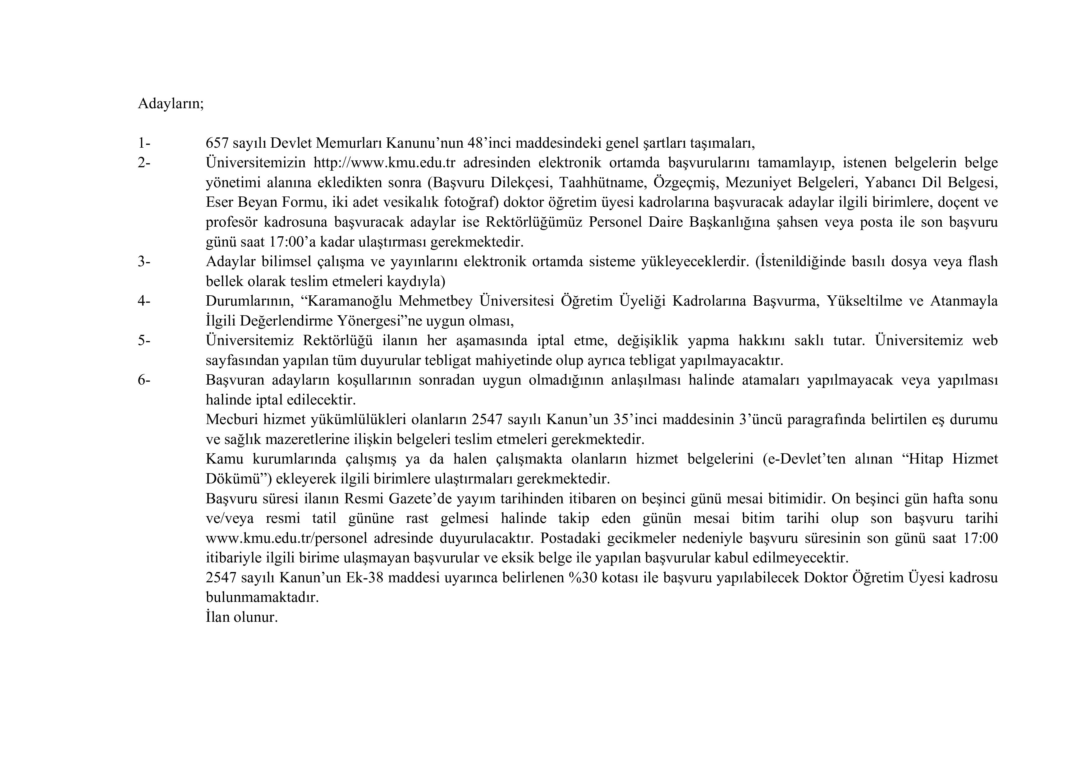 KARAMANOĞLU MEHMETBEY ÜNİVERSİTESİ 21 ÖĞRETİM ÜYESİ ALACAK ( 29 Aralık - 12 Ocak) İlan İçeriği Sayfa 3